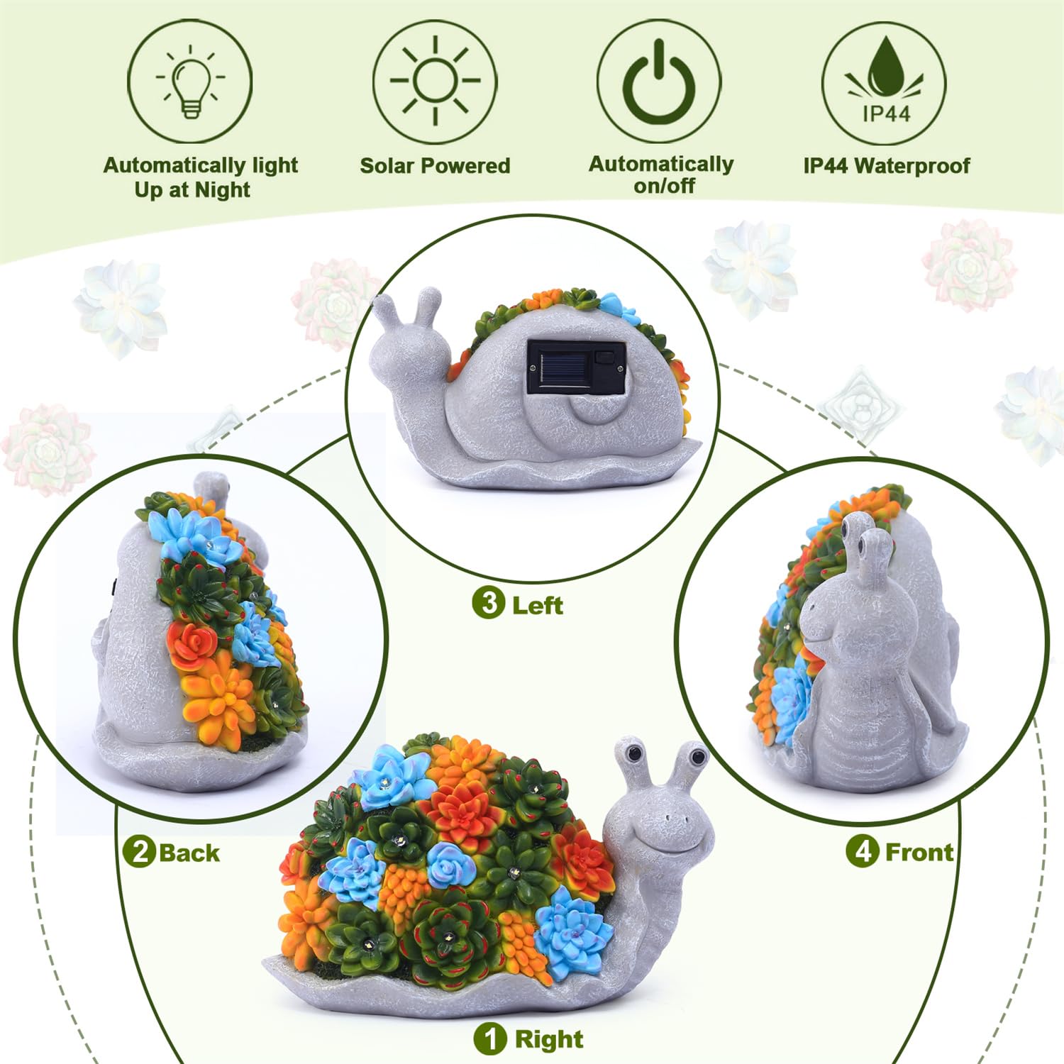Yeomoo Escargots Solaire Figurine avec Succulentes LED Décoration Jardin