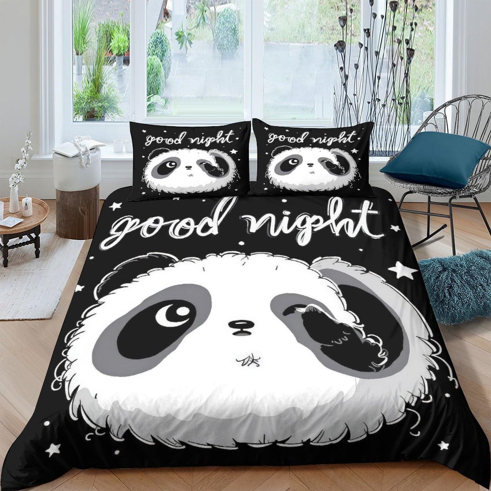 GPLZQXKJNH 3D Printed Panda Cartoon Duvet Cover Set Microfiber Soft Breathable Good Night Bedding Set with 2 Pillowcases for Bedroom Home Decor Single（135x200cm）