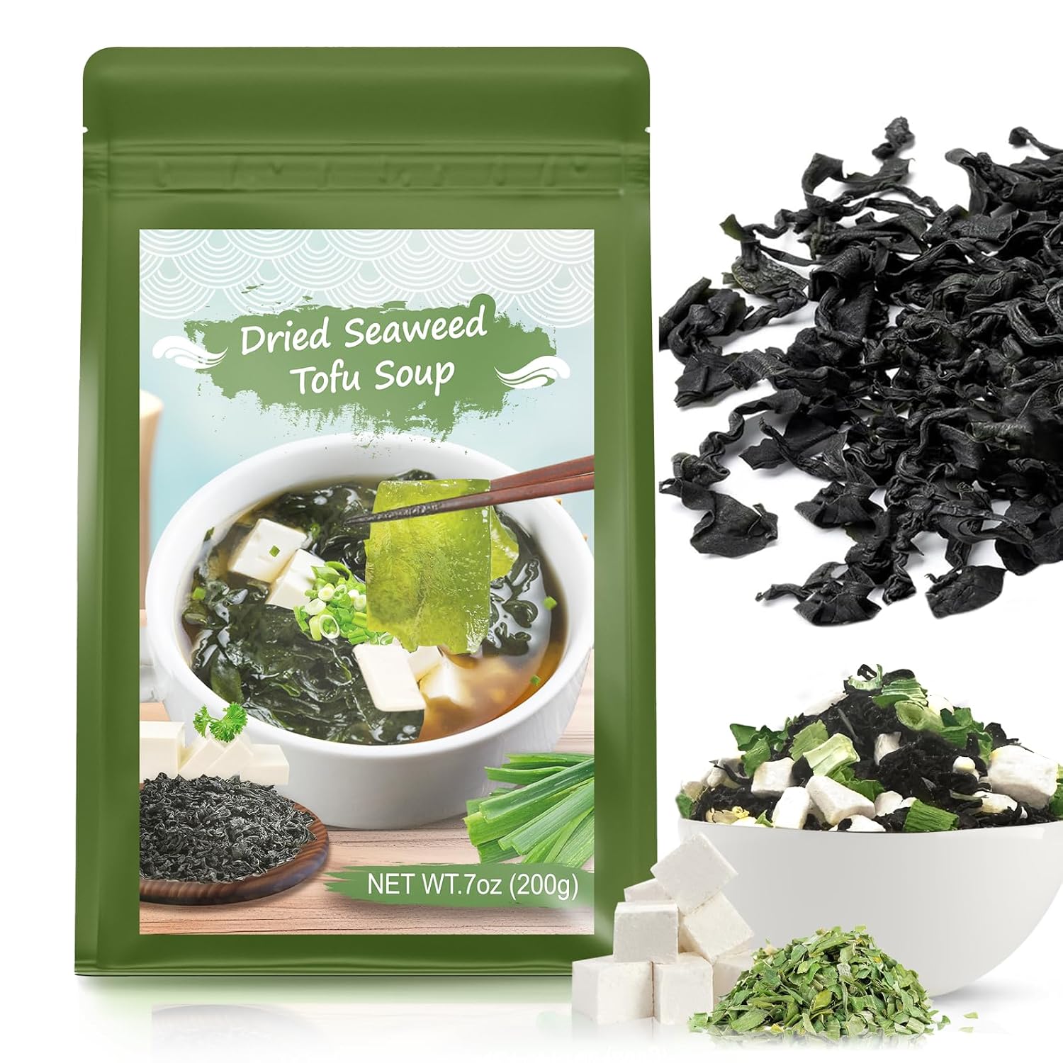 7oz Dried Miso Soup Mix – Instant Dried Wakame Seaweed, Freeze-Dried Tofu & Green Onion Base for Ramen, Udon, Noodles, Stews, Camping Meals, Vegan, Japanese Soup Kit