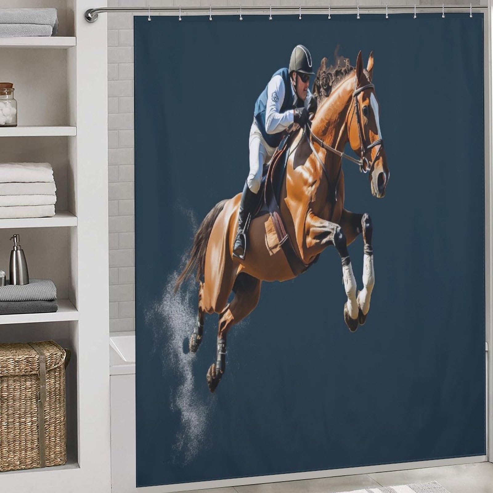 Rideau douche cheval de course pour une décoration de salle de bain moderne