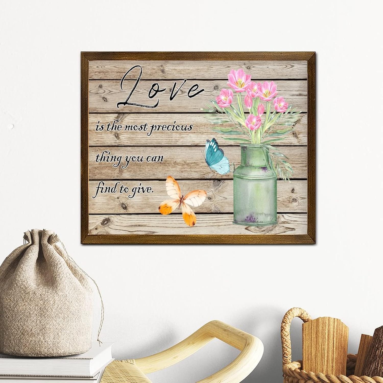 Love is The Most Precious Thing You Can Find to Give Framed Wooden Sign Butterfly Tulip Flower in Vase Wood Plank Hanging Sign Rustic French Floral Woodshop Wall Decorative for Home 16x20 Inch