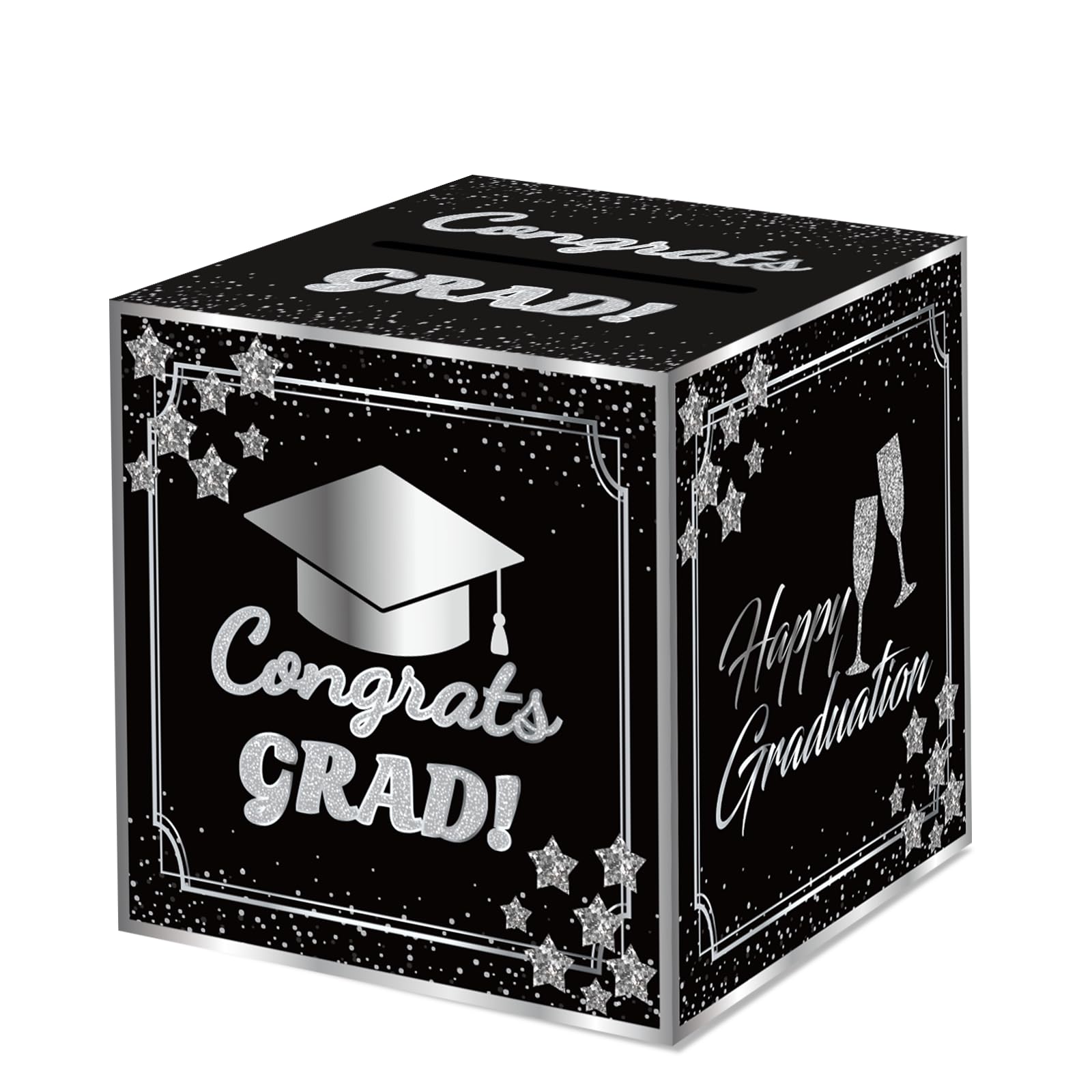 Graduation Card Box 2026 Graduation Party Decorations Congrats Grad Card Boxes Holder for Graduation Gift Graduation Party Favors Decor Party Supplies - Black silver