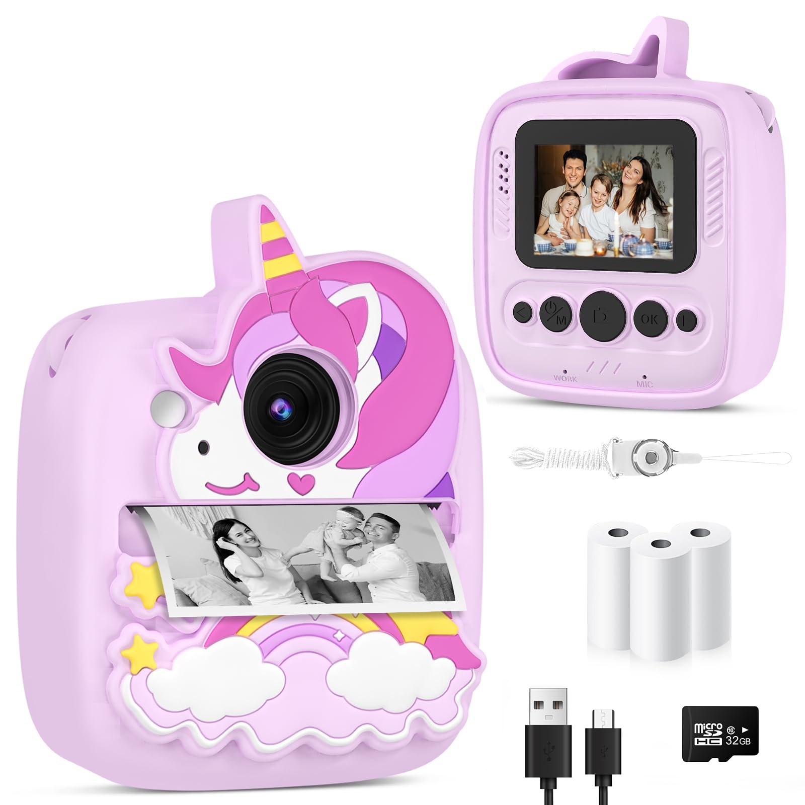 Kids Camera Instant Print, Christmas Birthday Gifts for Gils Age 3-8, 48MP &1080P Children Camera with Silicone Cover, Portable Toy Instant Camera for
