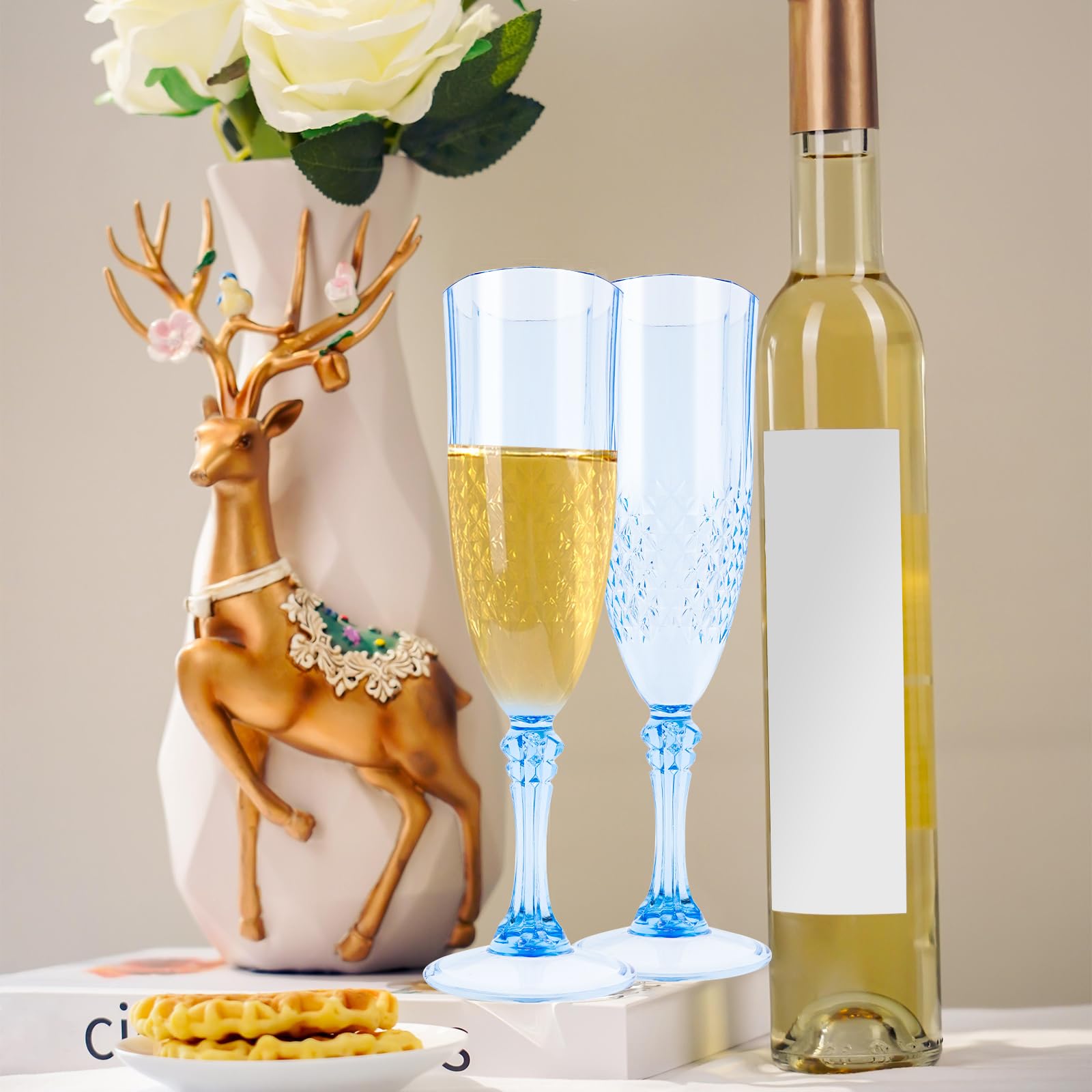 12 copas de champán de plástico con fondo plano, reutilizables, para bodas, aniversarios, cumpleaños, despedidas de soltera, copas de vino o cóctel, regalo (azul)