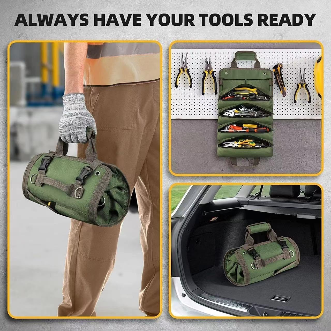 ProToolPack Heavy Duty Roll Up Tool Bag - Water Resistant Oxford Fabric With Multi-Pockets For Electricians, Mechanics & Car Repair - Portable Tool Organizer