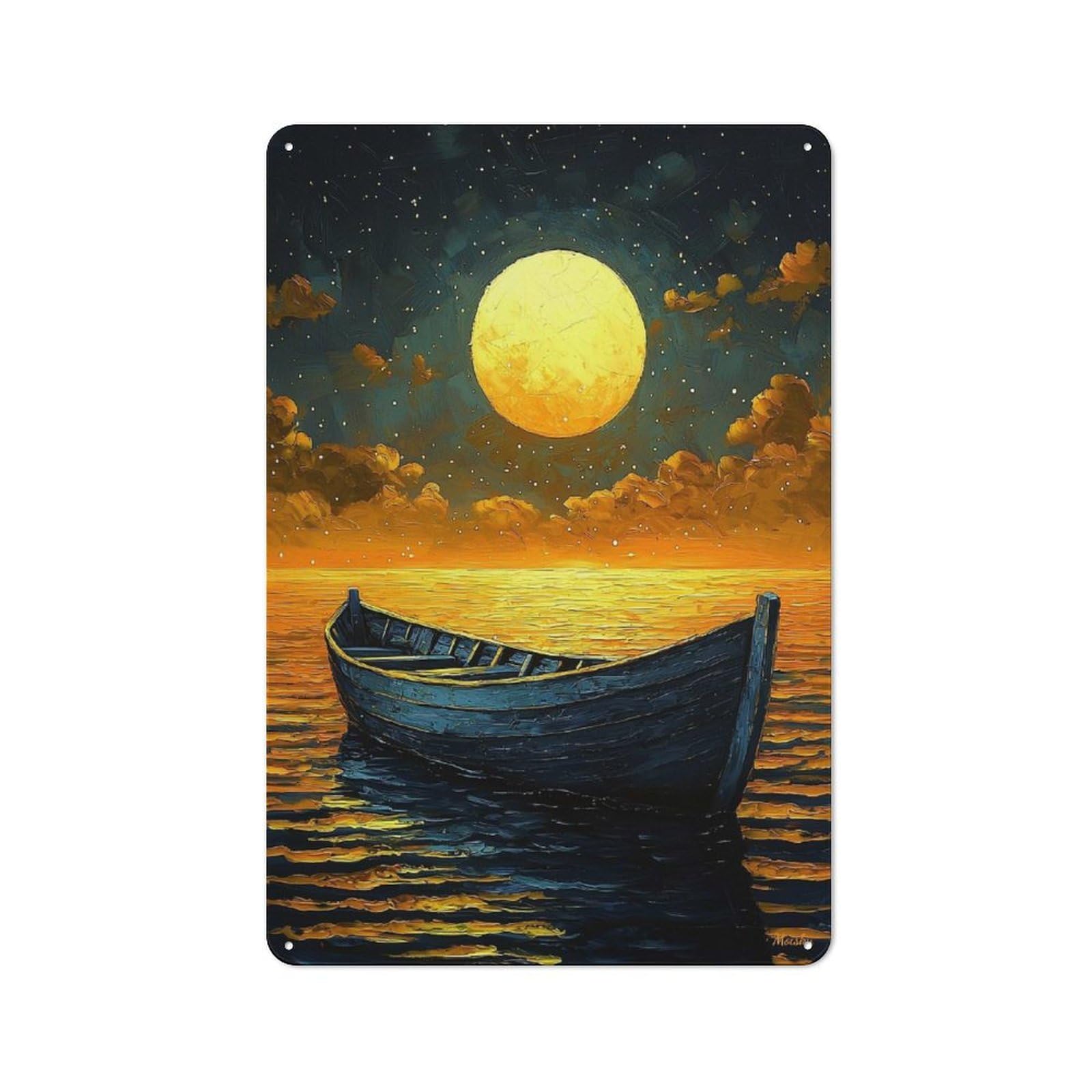 Junmoney Moonlit Boat Journey – Naïf Dreamy Night Art Shed Metal Sign With Design 30X20cm, Outdoor Room Utility Space Decor For Greenhouse, Garden Room, Cafe Or Entryway