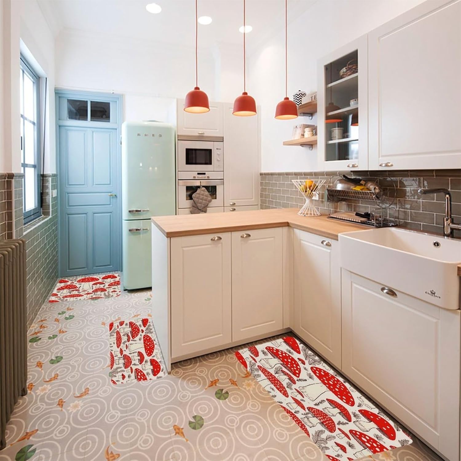 Red White Mushroom Kitchen Mats Soft Absorbent Rugs for Floor Non Slip Washable Kitchen Mats Fashion Rectangular Rugs for Three-Piece Set for Laundry Office Home Sink