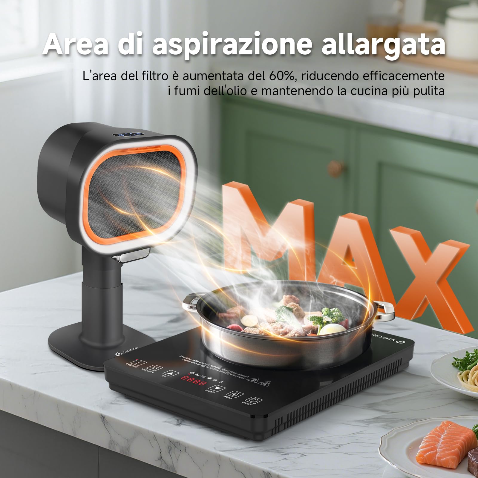 AMZCHEF Cappa aspirante portatile con altezza telescopica e inclinazione di 40°, 4 modalità di funzionamento, silenziosa, filtro in alluminio di grande calibro per appartamenti/BBQ/RV, Nero