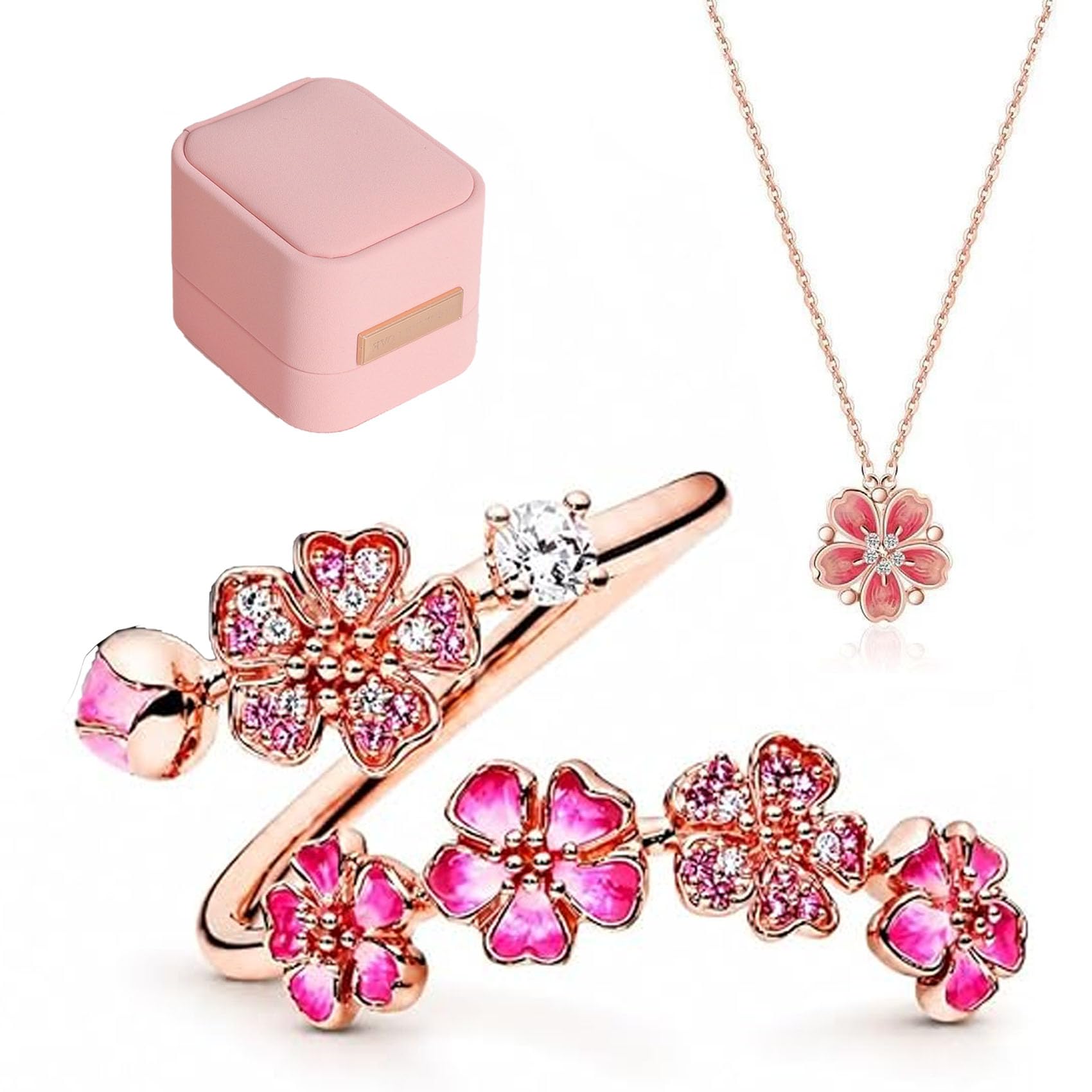Peach Blossom Ring, Pink PeachBlossom Flower Branch Open Ring, Pink Peach Blossom Ring, Fashion Jewelry, For Women (Ring+Necklace)