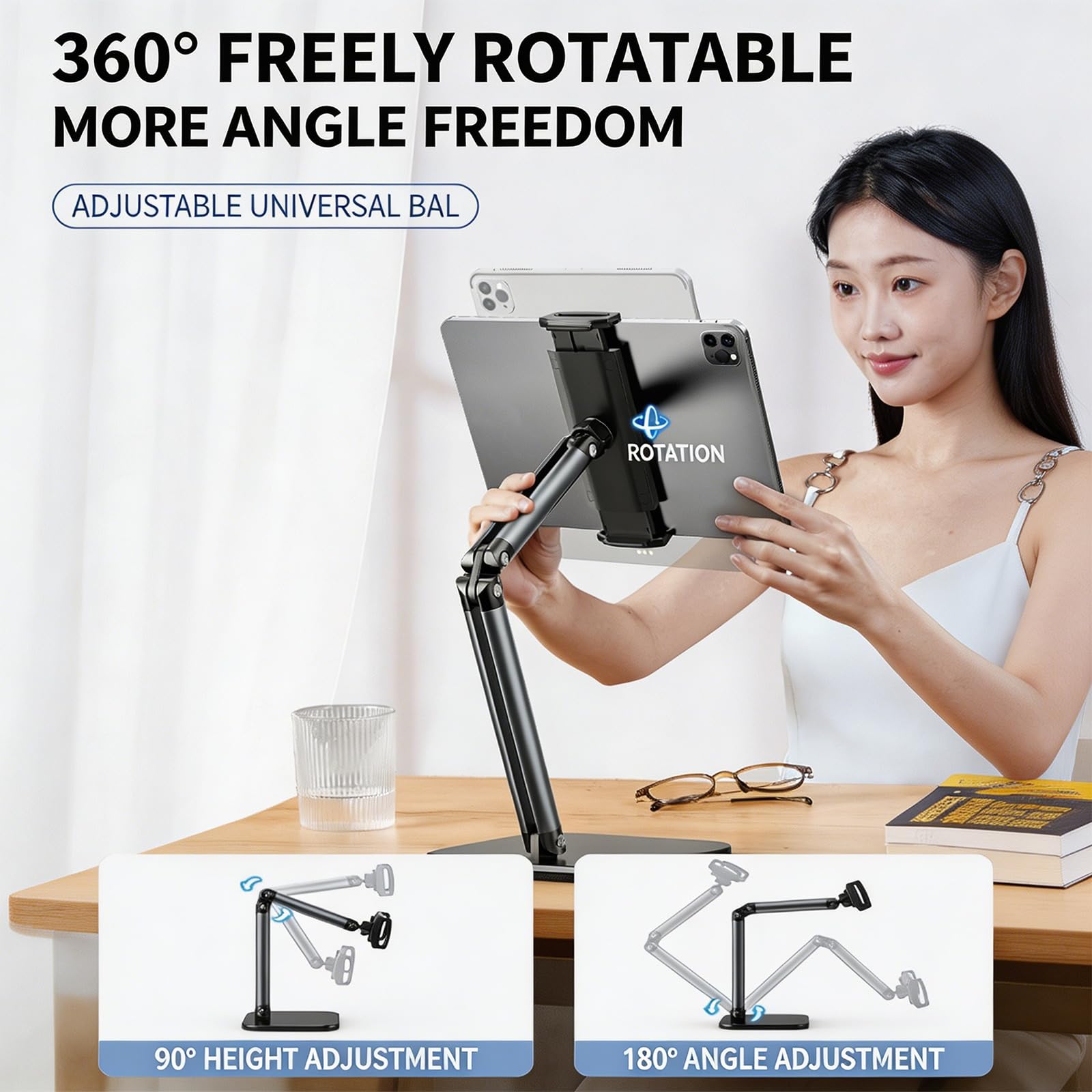 Universals Verstellbarer Tablet-Ständer für 11,9 bis 33 cm (4,7 bis 13 Zoll) Geräte mit 360-Grad-Drehung und klappbarem Arm, Desktop-Klemmhalterung