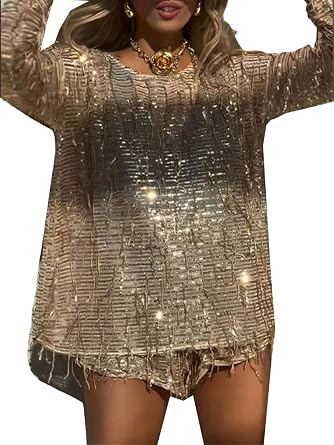 Qikaka Womens 2 PCS Sequins Tassel T-shirts Tops Bodycon Shorts Sexy Nightclub Party Tracksuit Outfits Set