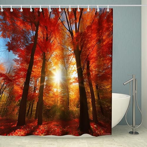 Miniatura 2 de Cortina de ducha de hojas de arce roja, rústica, estética, luz escénica, sol, otoño, moderno, bosque de árboles, naturaleza, juego de decoración de