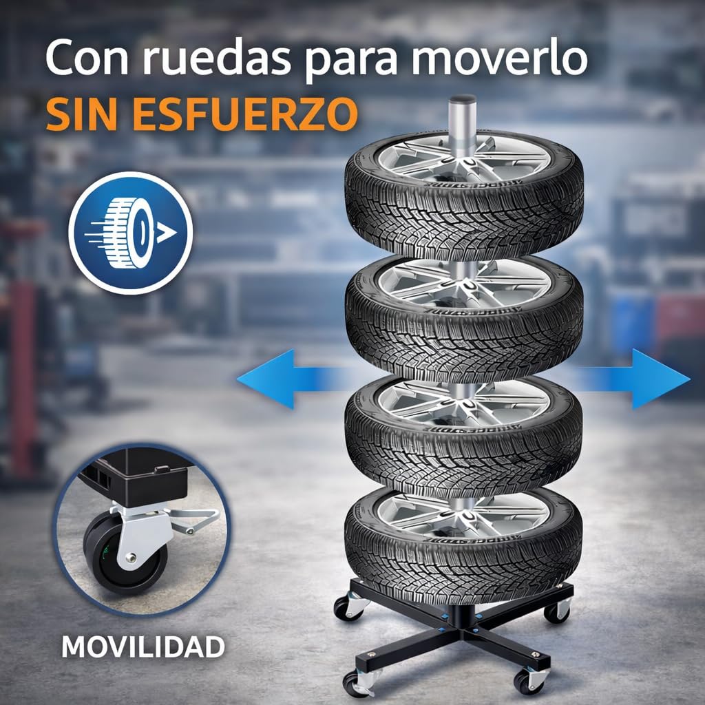 Soporte para 4 Ruedas con Ruedas y Freno, Rack portaneumáticos hasta 100 kg, Soporte Vertical para Llantas y neumáticos, Organizador de Ruedas para Garaje y Taller, Base metálica Estable