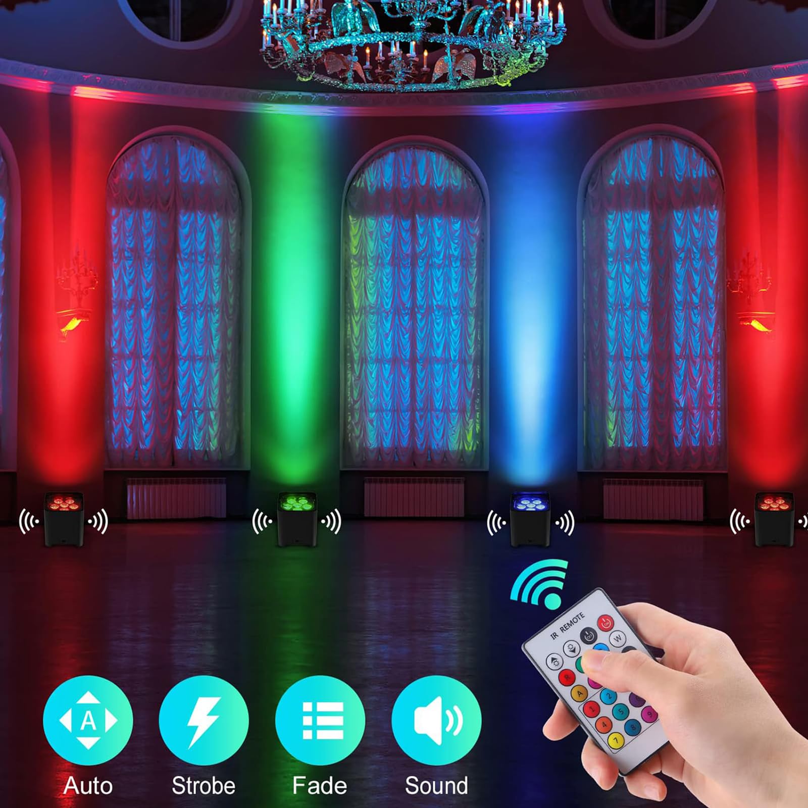 Luce par a LED senza fili, 6 x 18 W RGBWA+UV Uplighting con APP, telecomando e controllo DMX, alimentato a batteria per DJ Live Spettacoli Matrimoni Eventi