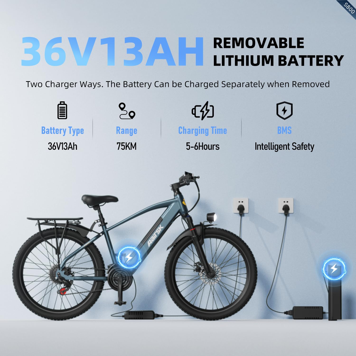 S800 Vélo électrique 26" pour homme et femme avec batterie 36 V 13 Ah, moteur de 250 W, 25 km/h, autonomie de 75 km, dérailleur à 7 vitesses