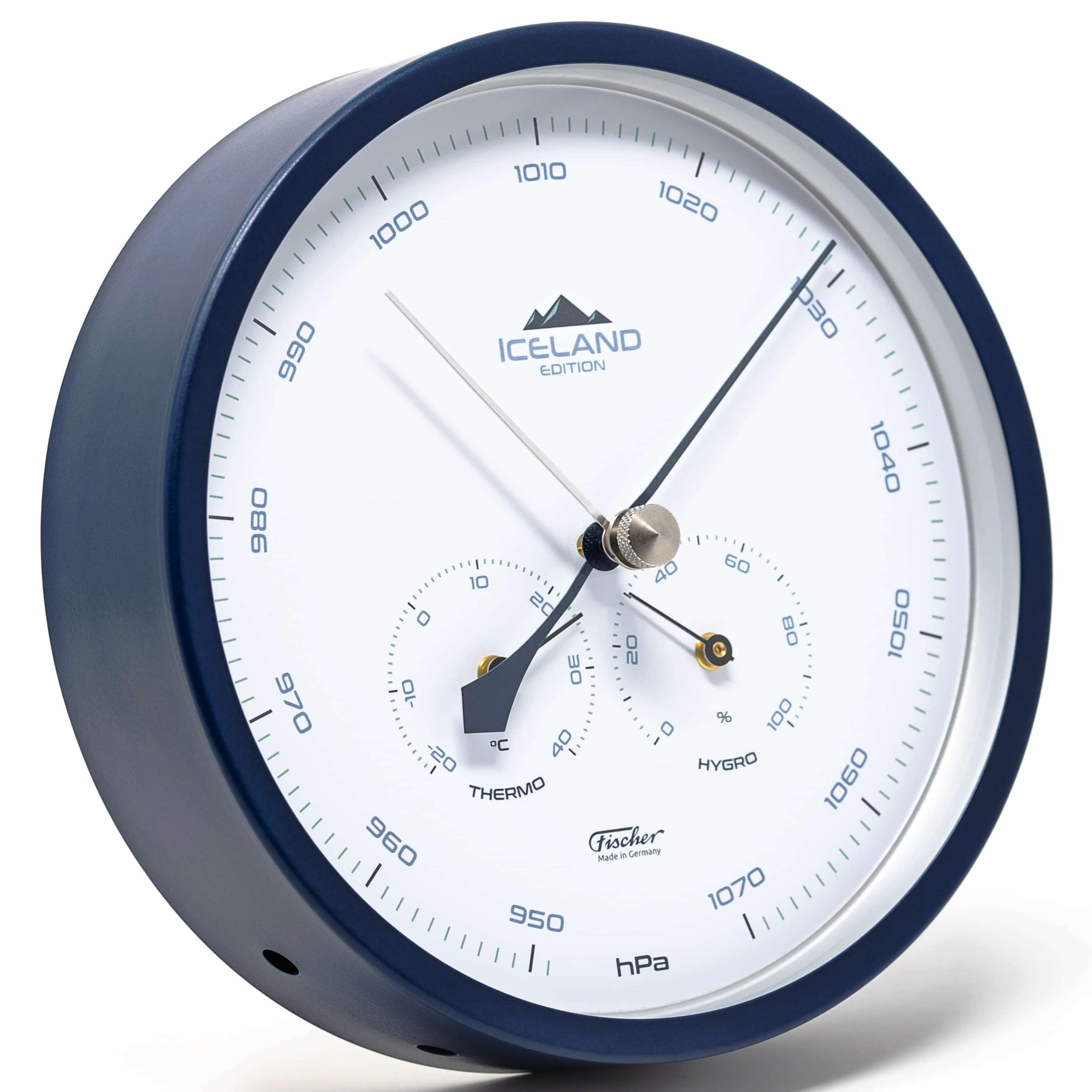 Fischer 1602-15, Wetterstation, Glas, Edelstahl | Barometer mit Thermometer und Hygrometer, Island-Edition Stahlblau, Messbereich 20-100 % r. F., Genauigkeit ± 5 % r. F.