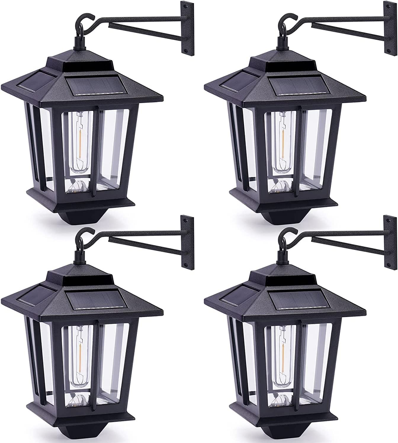 4 Pack Solar Wall Lanterns with 4 Solar Panels, Dusk to Dawn Led Outdoor Wall Sconce, Anti-Rust Waterproof Wall Lanterns Aluminum, 3000K Warm White, Matte Black Powder Coat + UV Protection