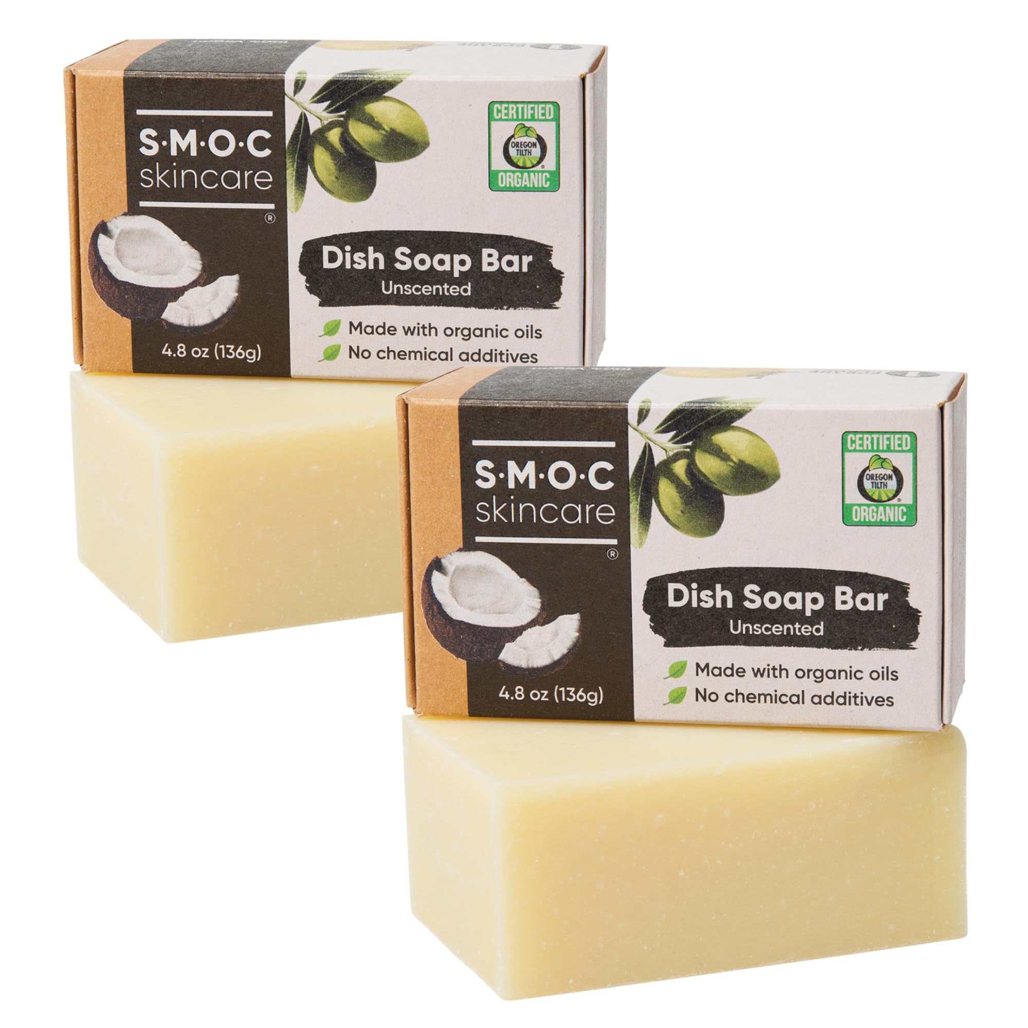 S M O C Skincare Certified Organic Dish Soap Bars 2-Pack Solid Dishwashing Soap Blocks Vegan made with
