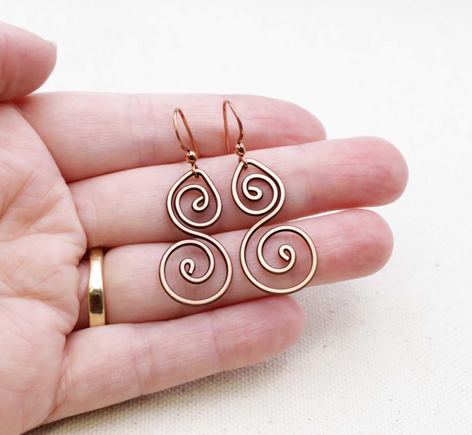 Pillar of Salt Studio Handcrafted Solid Copper Earrings Double Spiral (Antiqued Copper, Medium, 1-1/4" drop) - Image 6