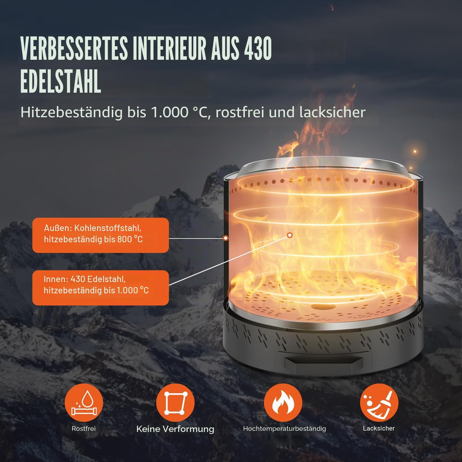 VEVOR Rauchfreier Feuerstellenofen, Lagerfeuer, H: 39,4 cm x Durchmesser: 39,6 cm, Holzkamine mit Abnehmbarer Aschepfanne, tragbare Feuerstelle aus Edelstahl SUS430