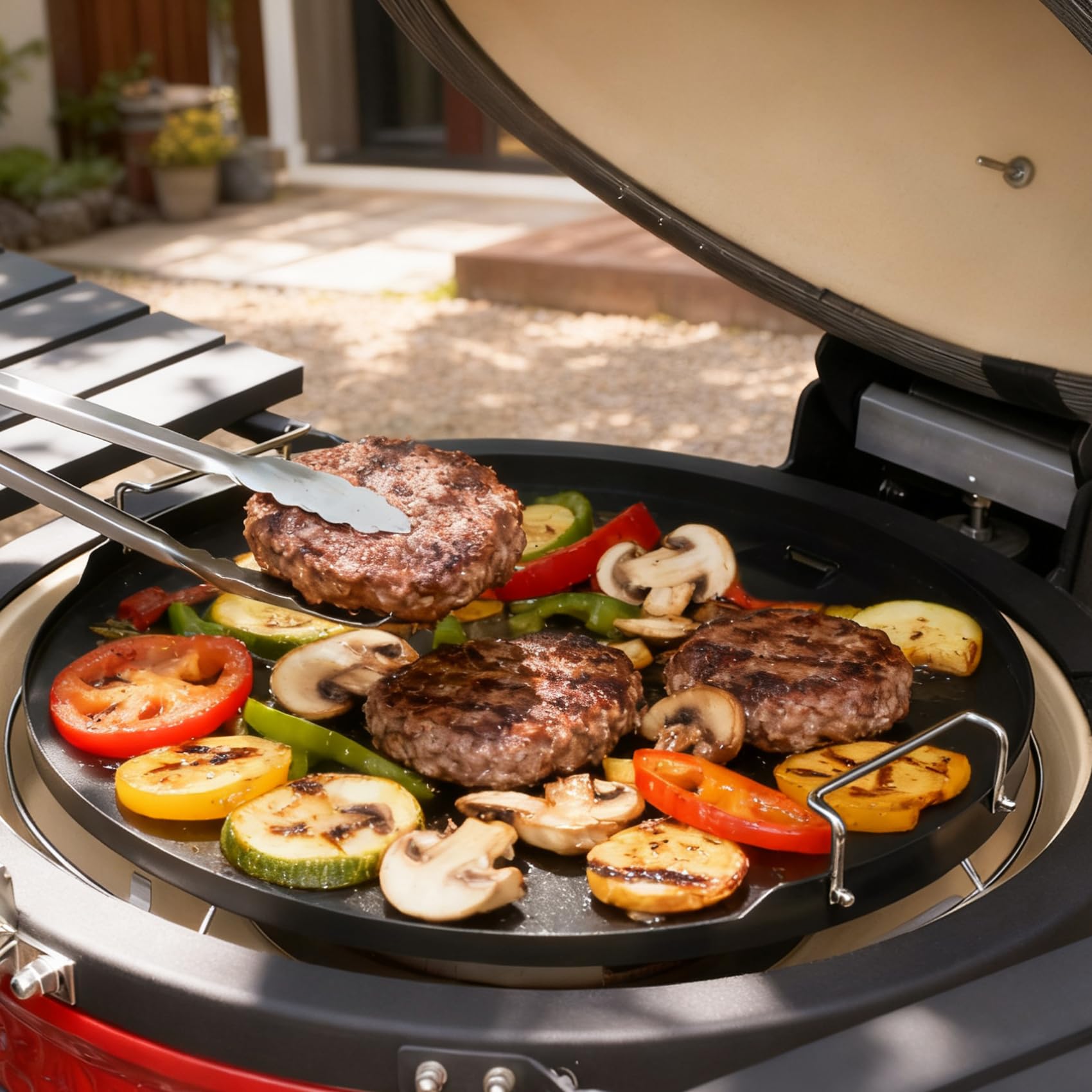 Onlyfire Plaque Plancha Ronde en Céramique Antiadhésive pour Big Green Egg et Kamado Joe de 46 cm, Accessoire pour Kamado 46 cm, Plaque de Cuisson avec Poignée Amovible et Evacuation des Graisses