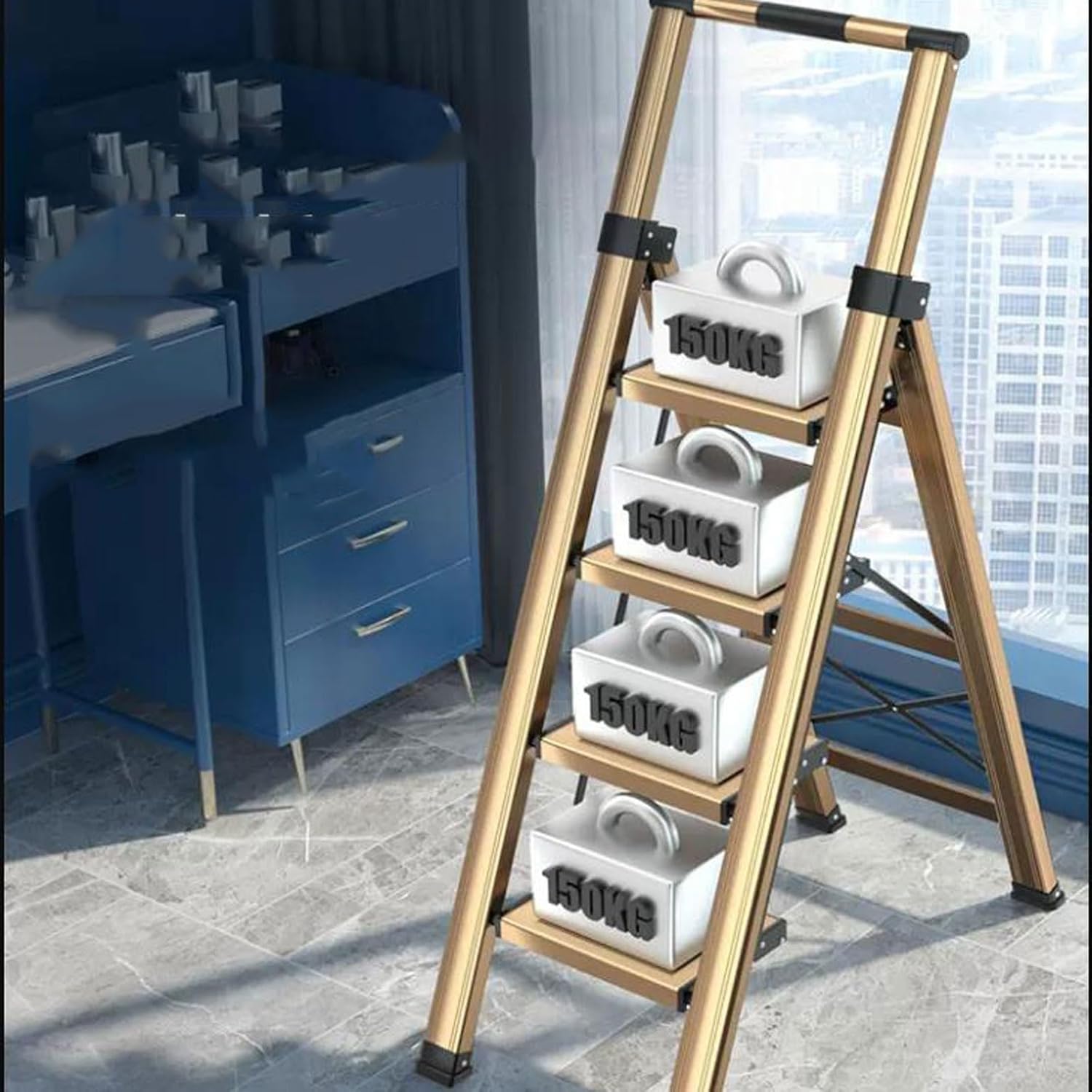 Multi-Function Ladder Folding Step Ladder with Retractable Handrail, 3/4/5 Step Ladder Folding Step Stools for Adults with Anti-Slip Pedal, Portable Sturdy Steel Ladder , Perfect for Kitchen & Househo
