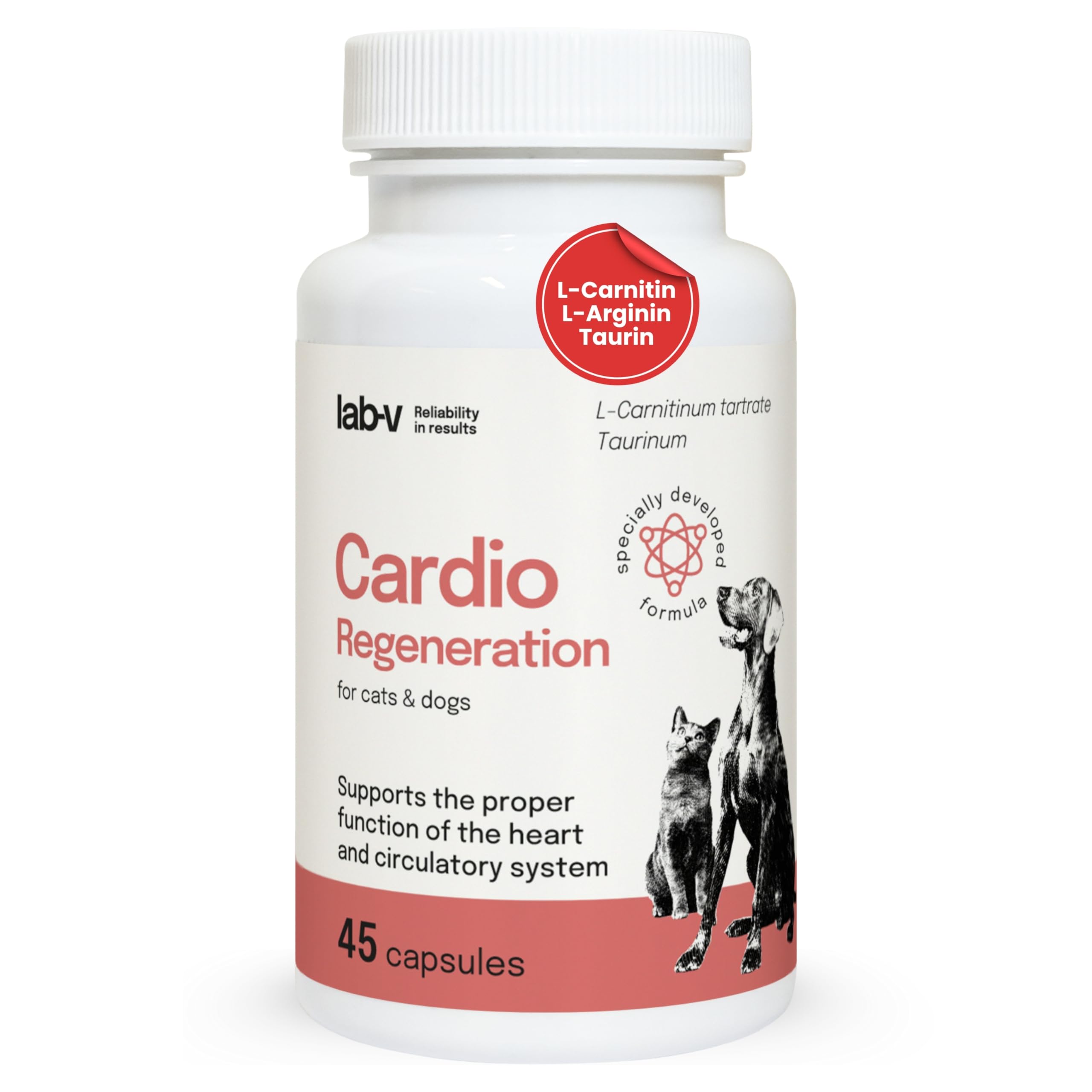 Cardio Regeneration Lab-V, 45 Kapseln, fortgeschrittene Herzunterstützung für Hunde und Katzen, tierärztliche Formel mit Taurin, L - Arginin und L - Carnitin für Hunde und Katzen, gesundes Herz