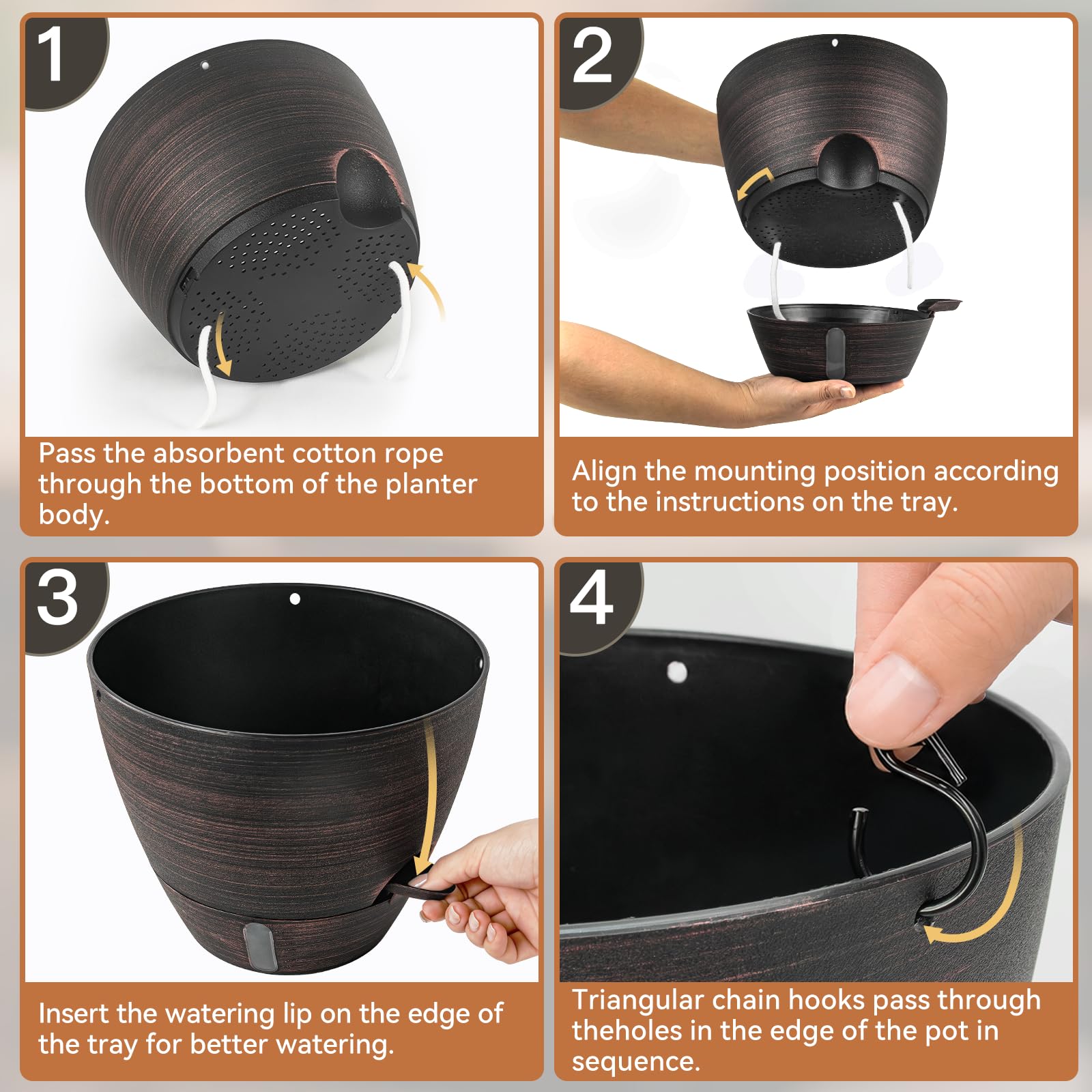 ZMTECH Lot de 2 pots de fleurs à suspendre en plastique avec entrée d'eau auto-irrigation et soucoupe pour intérieur et extérieur Bronze 25 cm