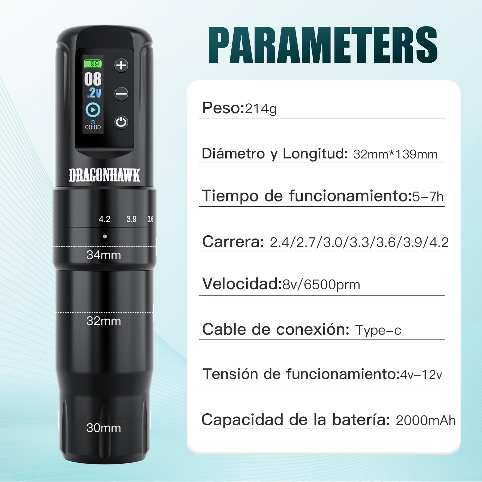 Dragonhawk Atom2 Pro Rotativa Máquina de Tatuar Inalámbrica 7 Strokes Length 2.4-4.2mm