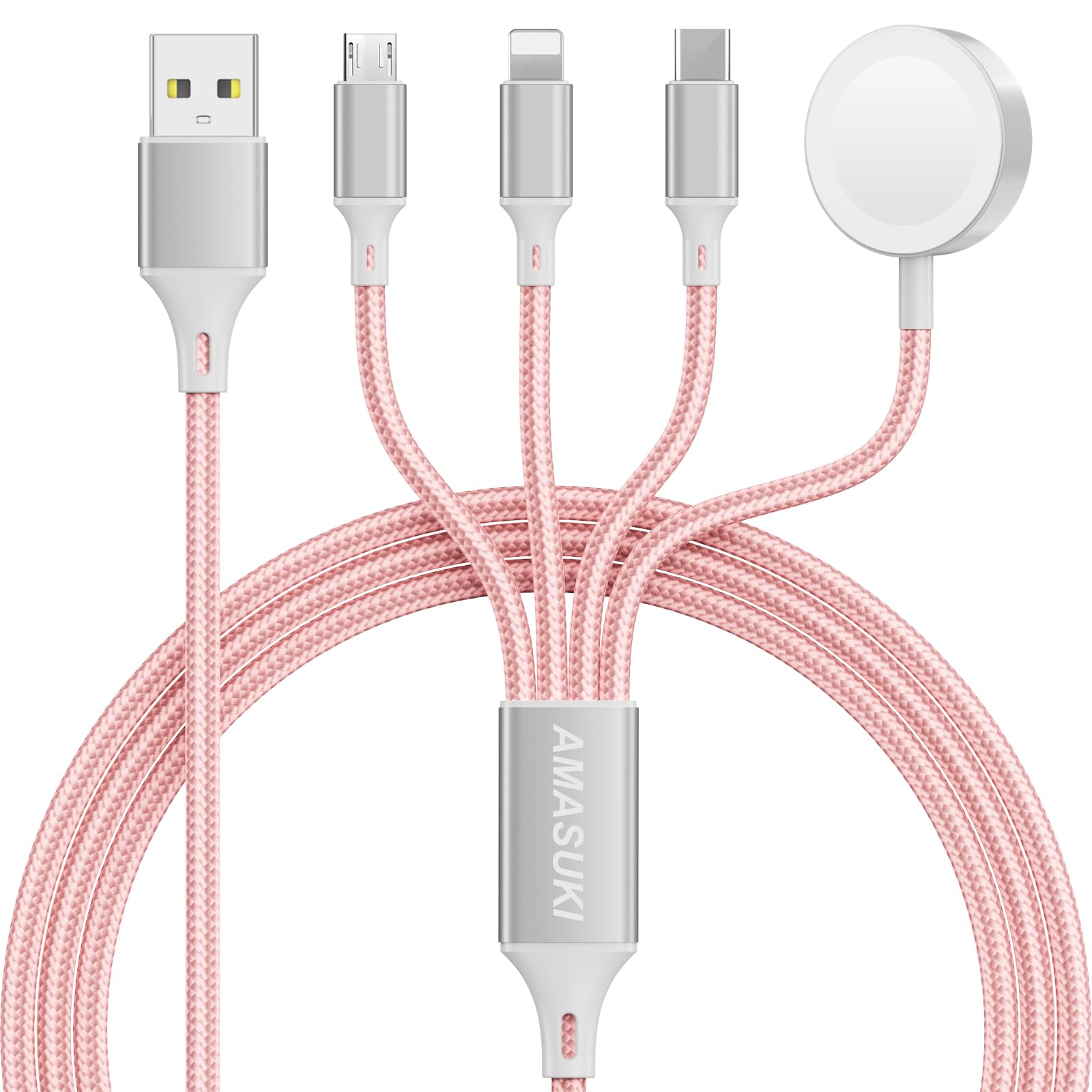 Amasuki Travel Essentials,4 in 1 for Apple Watch Charger/iPhone Charger/Multi Charging Cable,Vacation RV Camping Essentials,USB C/L/Micro Portable Charger for iWatch 11-1/iPhone 17-12,Car&amp;Gift-Pink