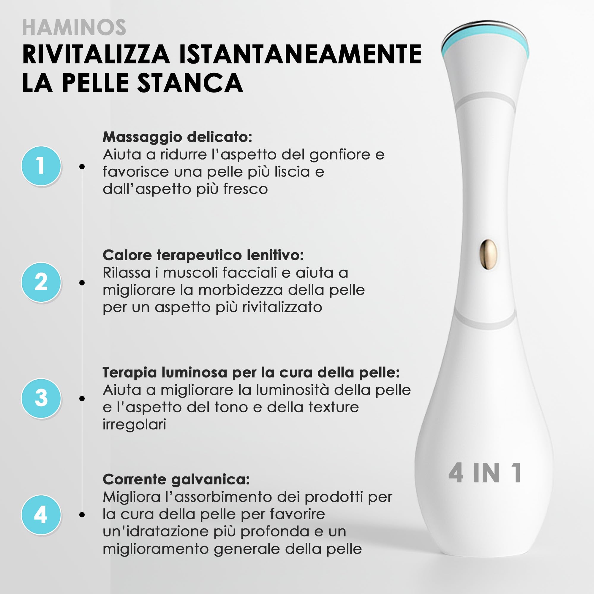 HAMINOS Massaggiatore Viso 4 in 1 con Calore, Vibrazione, Luce Rossa e Blu, Funzione Ionica Galvanica, Massaggiatore Viso Elettrico Ricaricabile USB-C per Cura del Viso