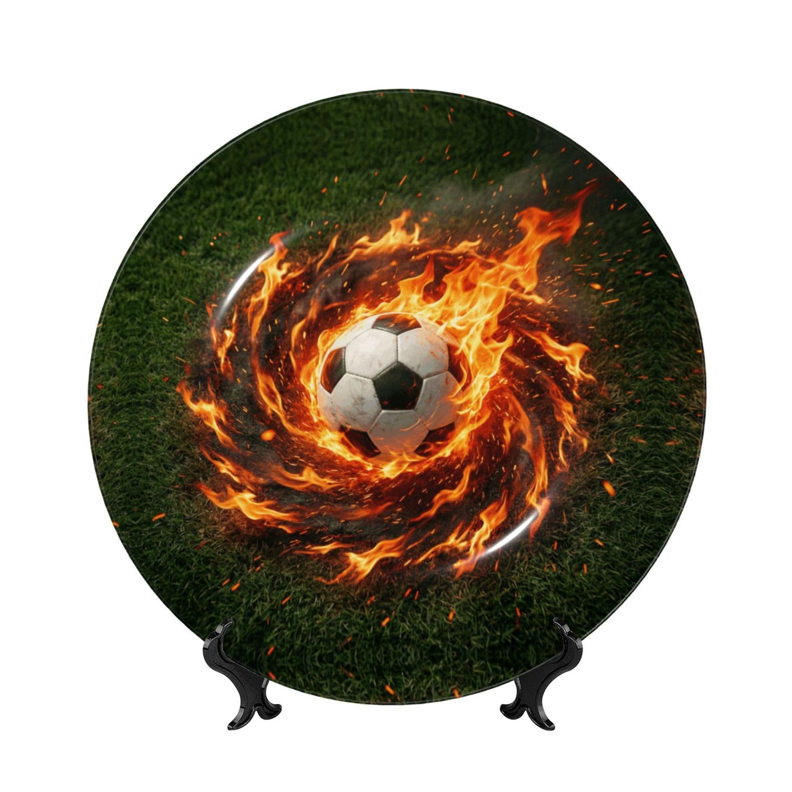 SXZVVBN The Soccer Ball in the Flames Bone China Decorative Plate Art with Stand Removable Adhesive Hanging for Home Office 7in