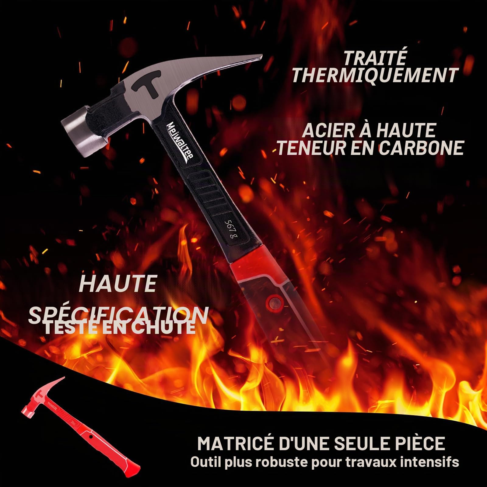 Marteau de charpentier droit avec support magnétique à clous, surface fraisée et poignée amortissante - Poids : 850 g
