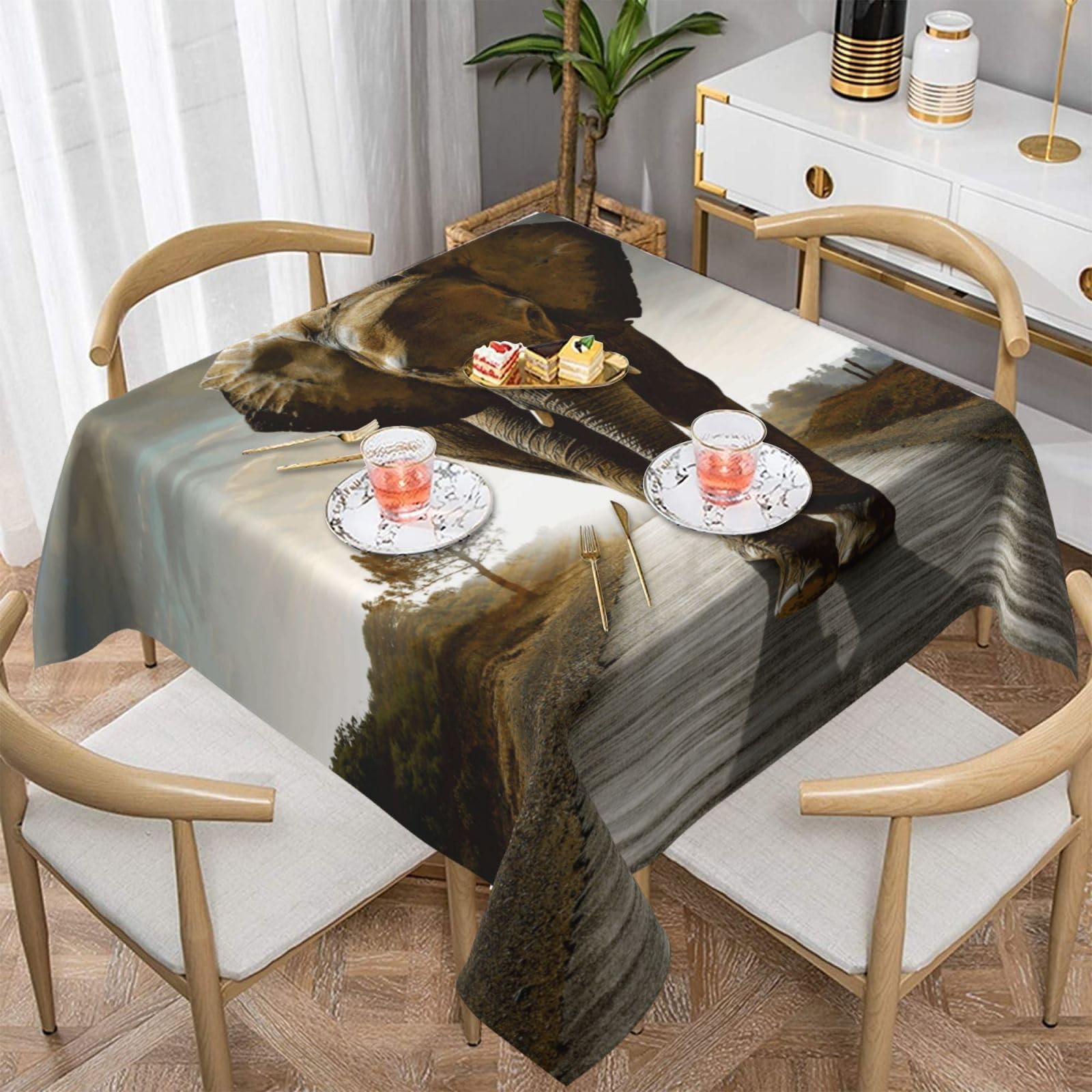 DCEHGEW 3D Elephant Prints Square Tablecloth 137x137 CM, Waterproof Fabric Table Cloth for Dining Table, Farmhouse Table Cover for Kitchen Dining Tabletop Decoration