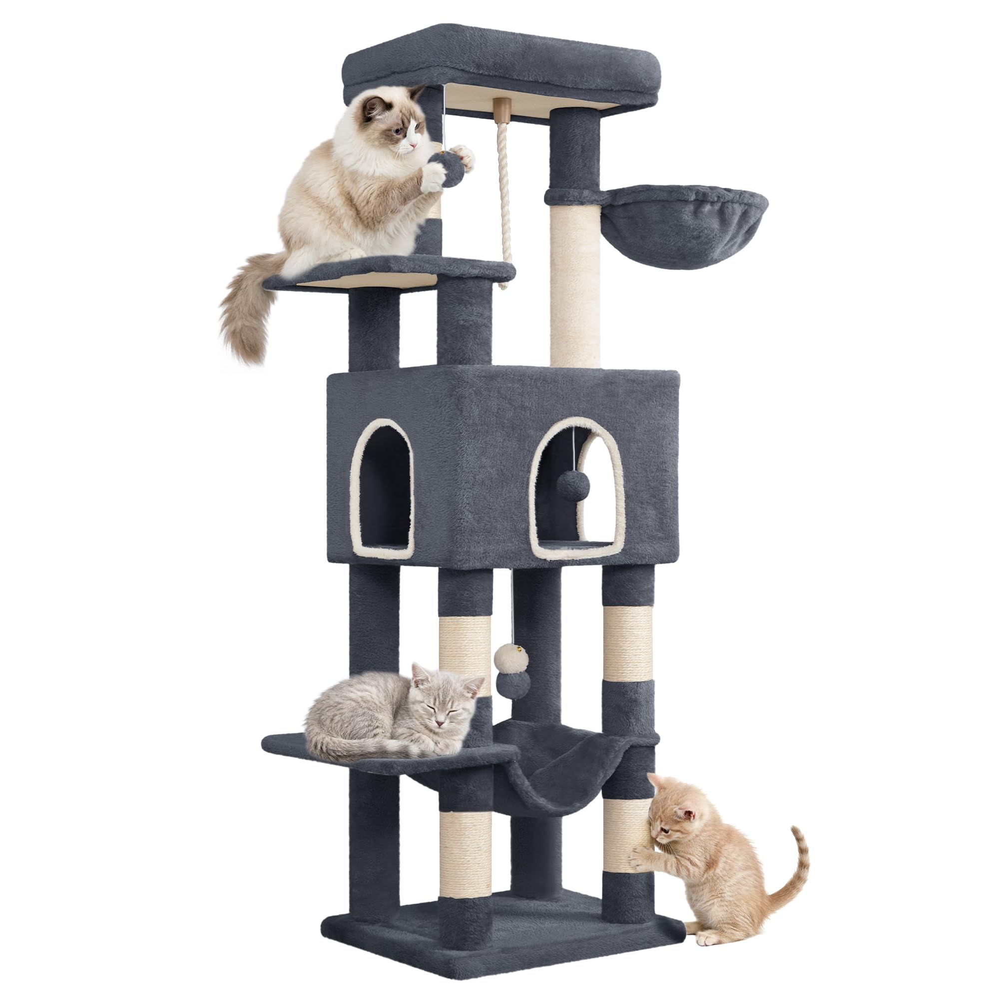 Hzuaneri 162 cm Cat Tree for Indoor Cats, Cat Tower with Large Hiding Cave, Scratching Post with Large Platforms, Multi-Level Cats Activity Center, Sisal Rope, Hammock, Dark Grey MS16218SG — image 1