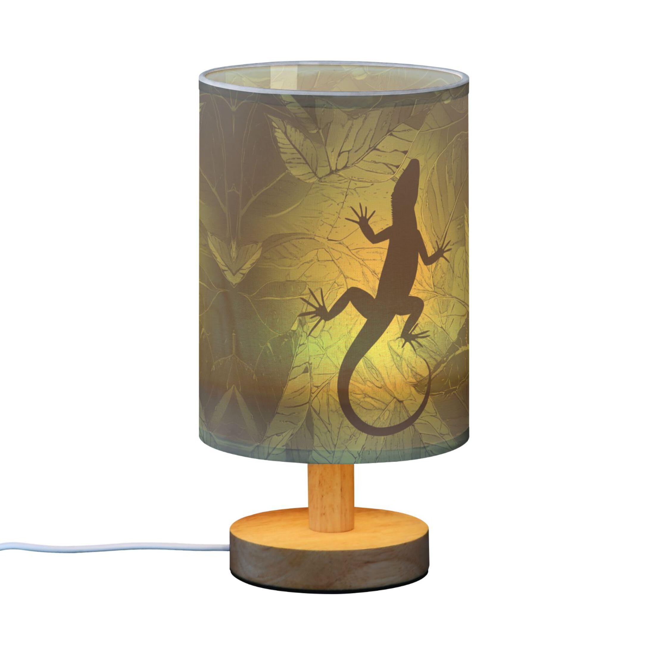 Lámpara de mesa con forma de gecko de lagarto camaleón sobre hoja verde, lámpara de mesita de noche con base de madera, pantalla de tela, lámpara de escritorio para sala de estar, dormitorio