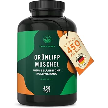 Green-lipped mussel - 450 capsules - 50% more content - High dose 2000 mg per daily dose - Without any additives - Cultivated in New Zealand - German production - TRUE NATURE