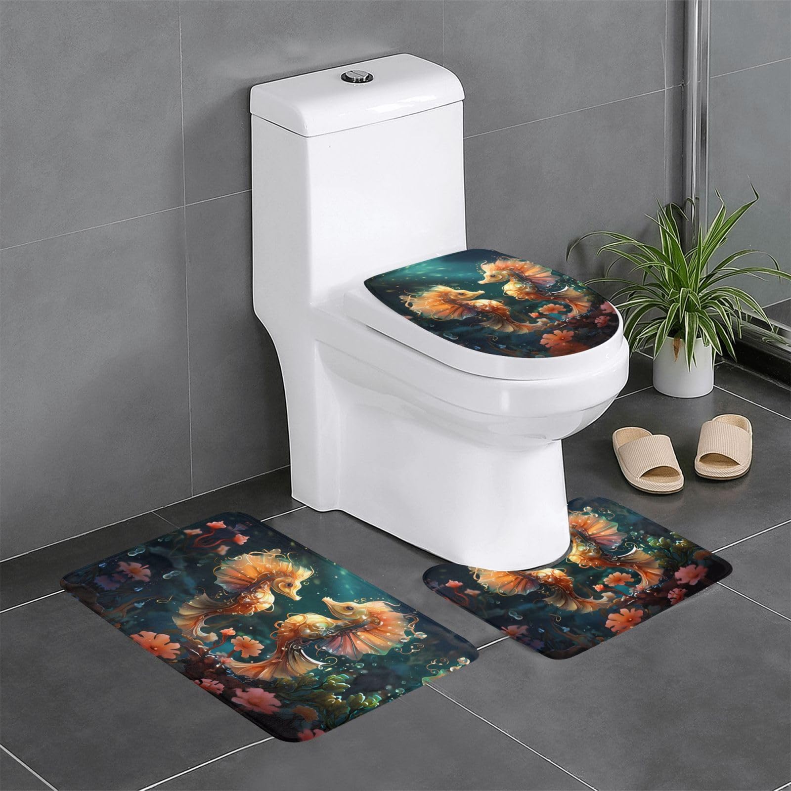 Tapis de salle de bain antidérapants rectangulaire et ovale contour WC lot de 3 hippocampe