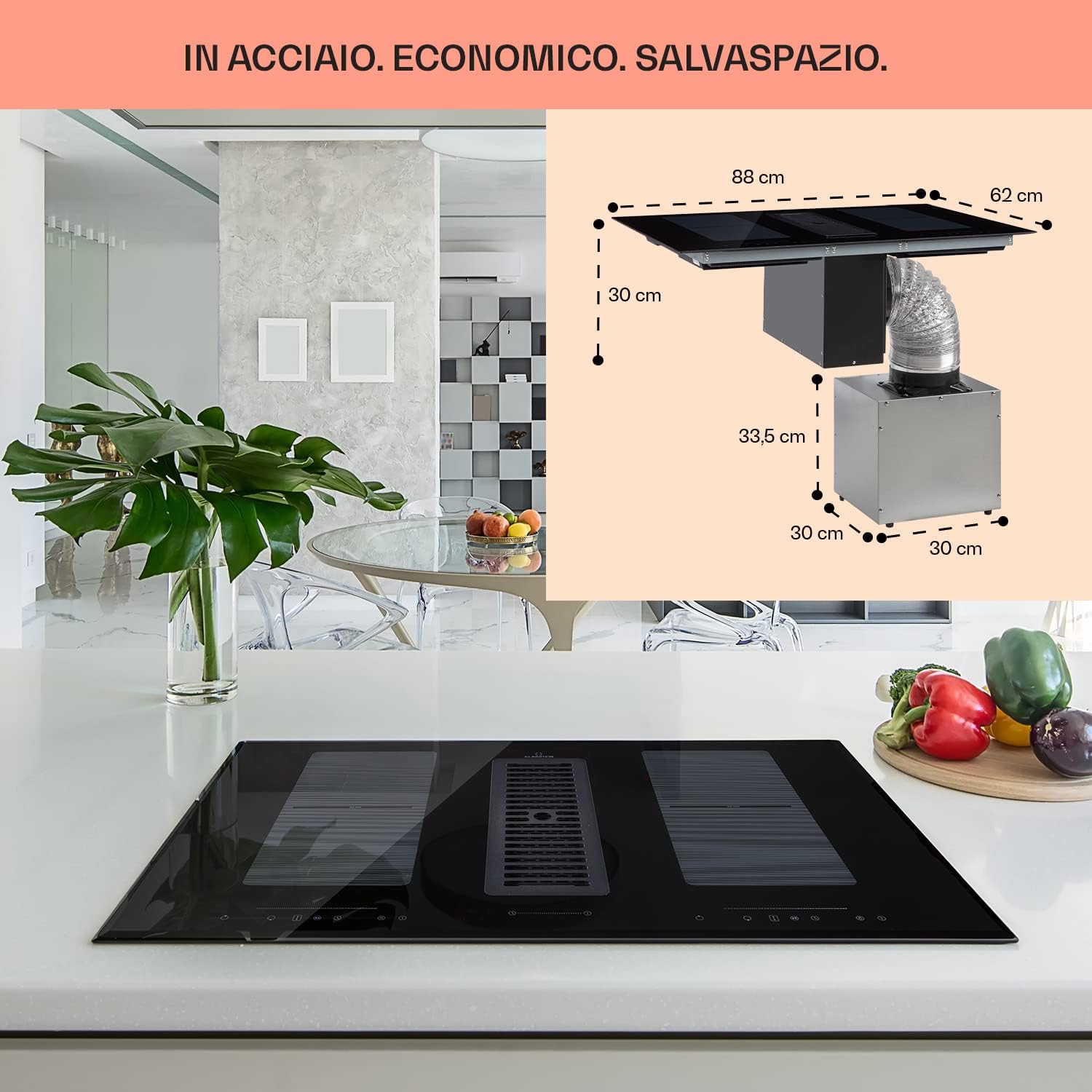 Klarstein 2 in 1 Piastra Induzione in Ceramica e Cappa Aspirante 654m³/h per Cucina a Isola, Piano Cottura 4 Fuochi, Piano Cottura con Controllo Touch, Classe A Klarstein 2 in 1 Piastra Induzione in Ceramica e Cappa Aspirante 654m³/h per Cucina a Isola, Piano Cottura 4 Fuochi, Piano Cottura con Controllo Touch, Classe A