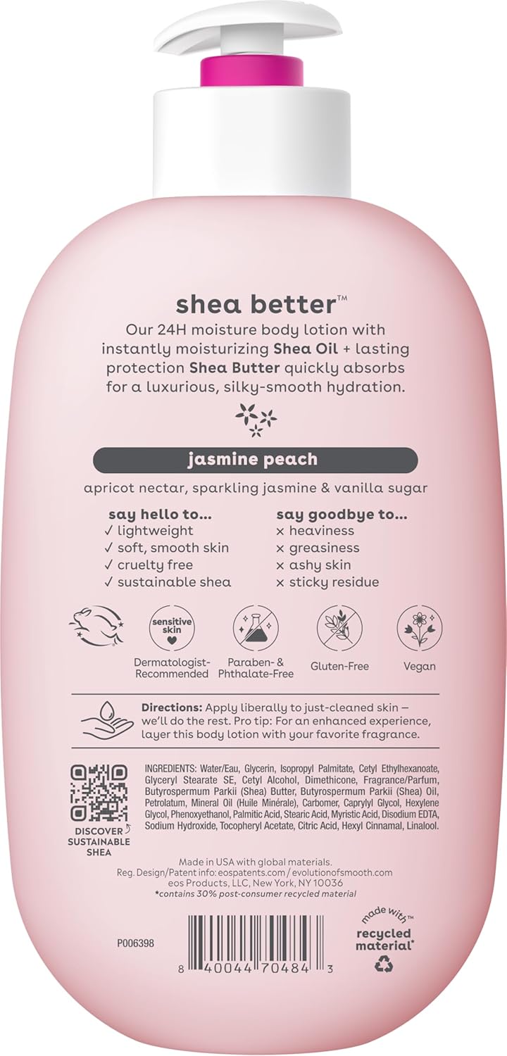 eos Shea Better Body Lotion Jasmine Peach, 24-Hour Moisture Skin Care, Lightweight & Non-Greasy, Natural Shea, Vegan, 16 fl oz Jasmine Peach 16 Fl Oz (Pack of 1)