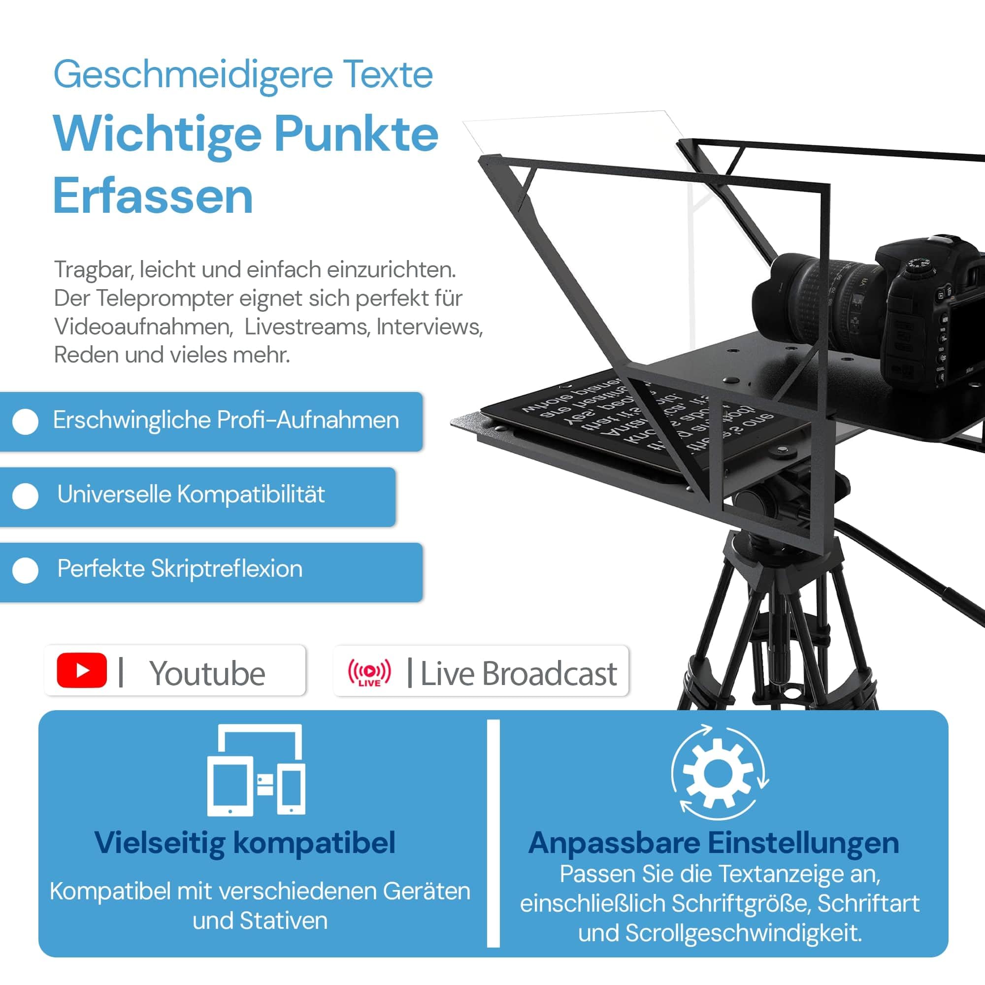 Teleprompter Kompatibel mit iPad, Tablet, Smartphone und DSLR Kamera, Steuerung per Fernbedienung oder App Kompatibel mit Android und IOS, Ideal für Videoaufnahmen (Version 5.0)