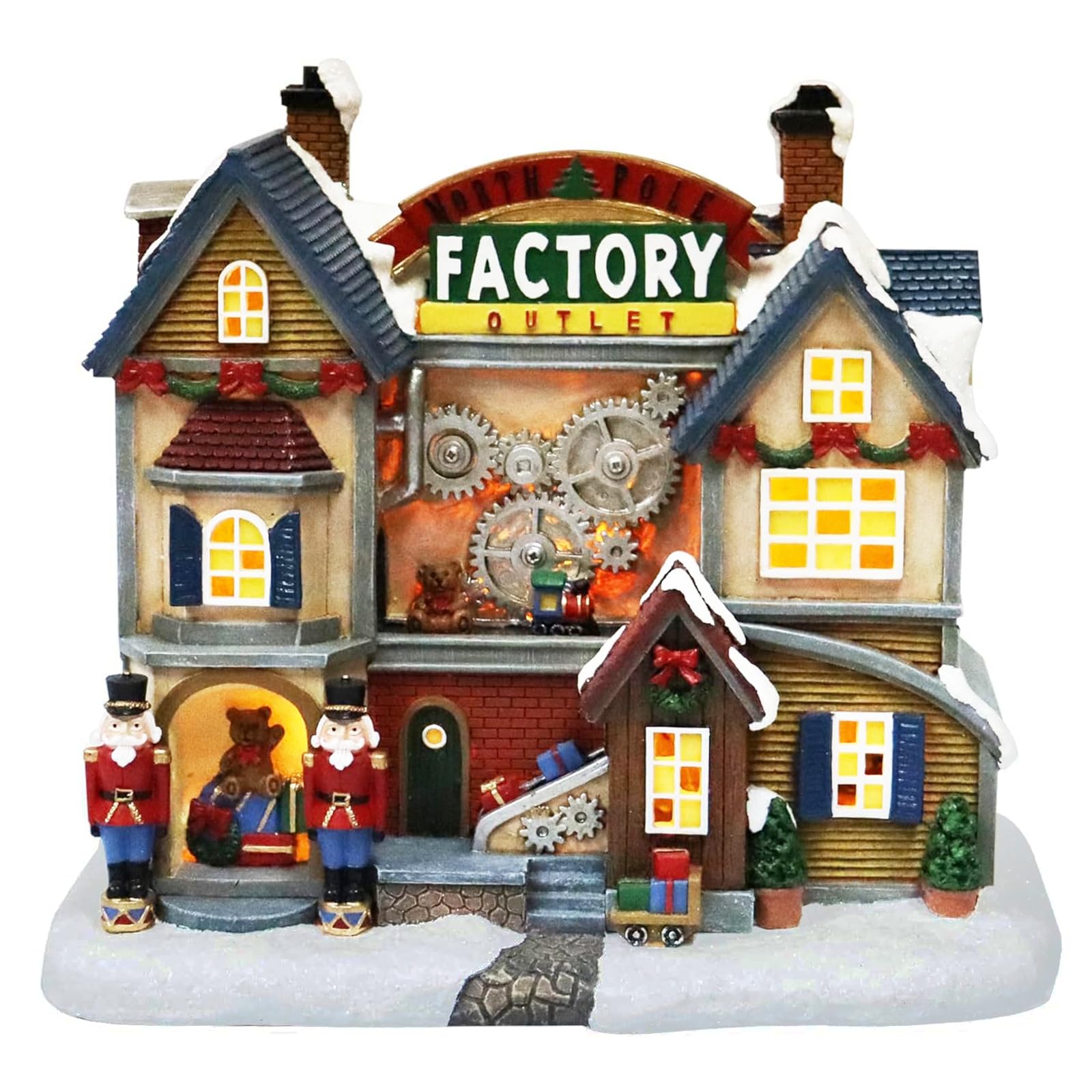 MOMENTS IN TIME North Pole Factory Outlet LED Lighted Animated Christmas Village House, Hand-Painted Polyresin, Battery Operated Holiday Decoration 8.3”H