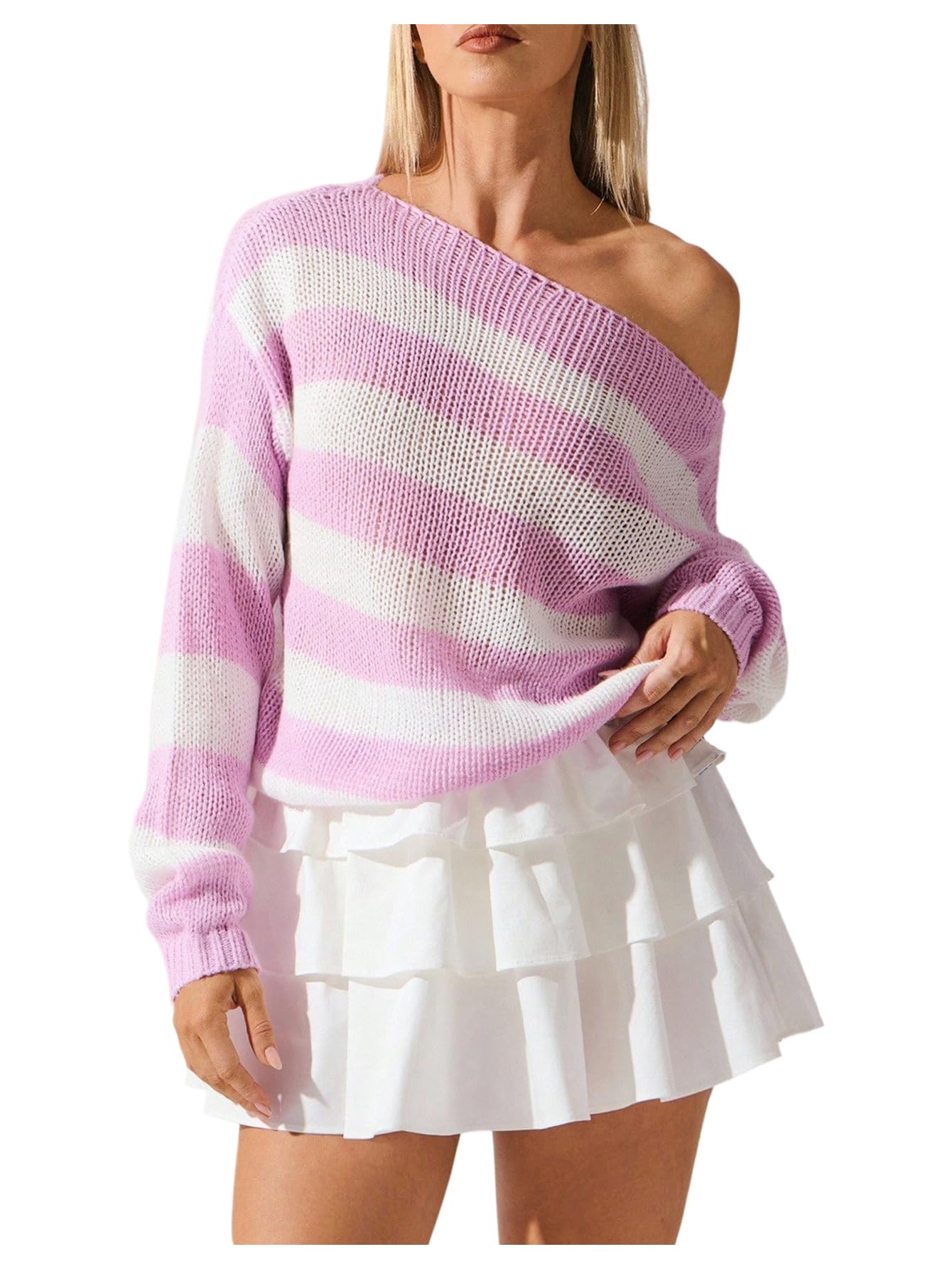 MakeMeChic Womens Winter Y2K Striped Asymmetrical Sweater Pullover One Shoulder Long Sleeve Knit Top
