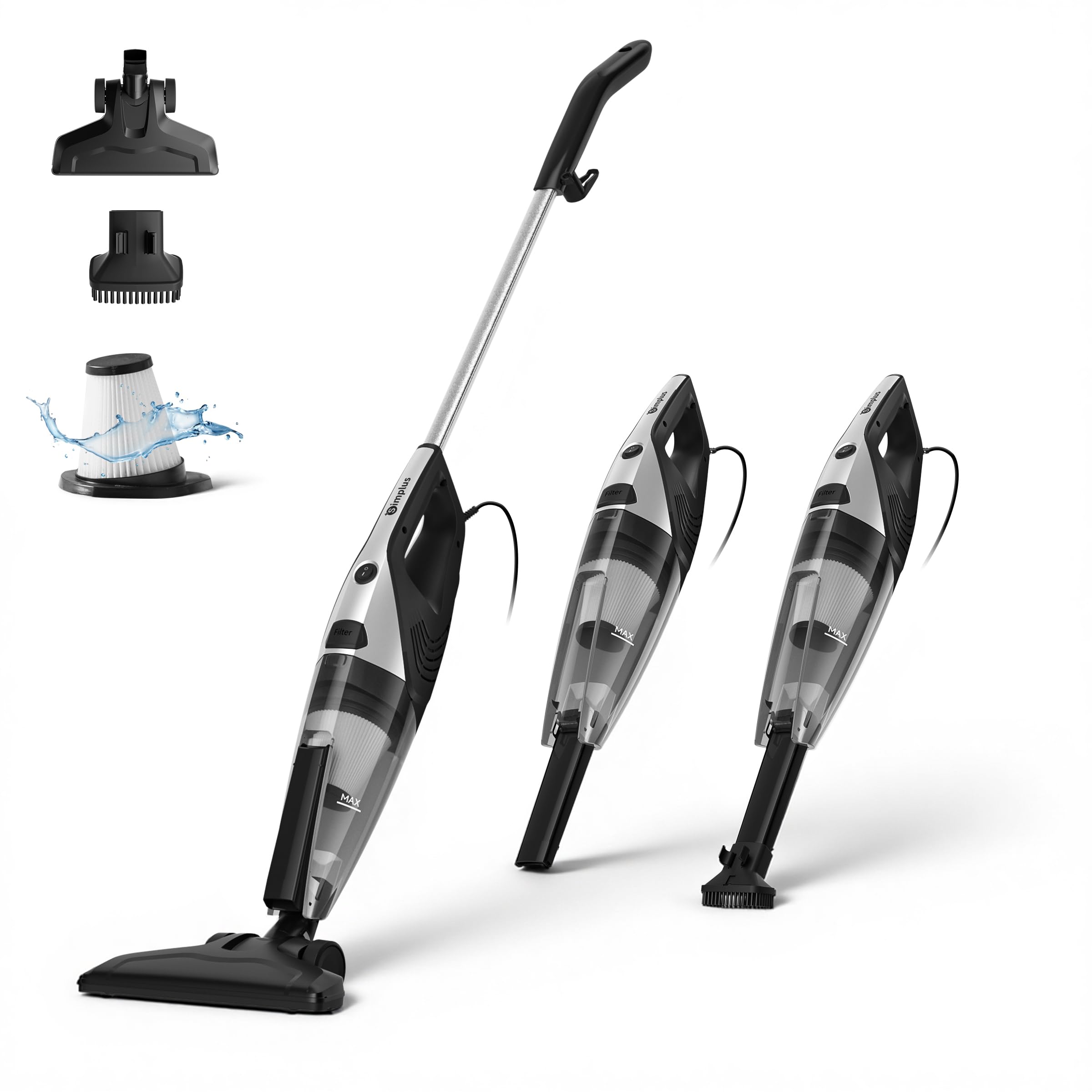 SIMPLUS Stielstaubsauger mit Kabel 600W, 2-in-1 Handstaubsauger, 22KPa Saugleistung, HEPA Filter, 1L Staubbehälter, leicht 1,76kg, für Hartboden & Teppich