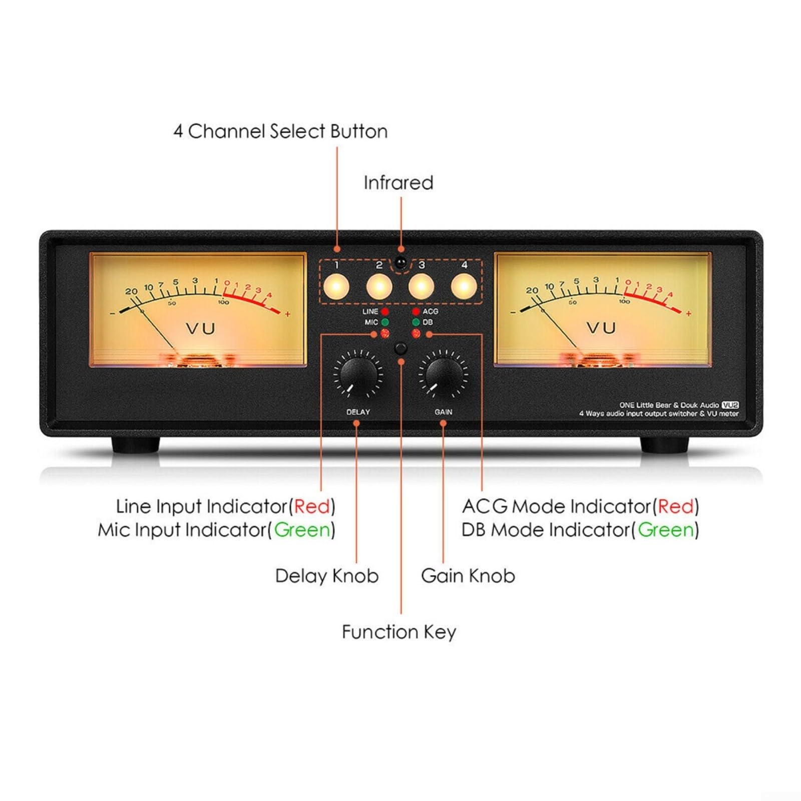 Conmutador de audio analógico VU con 4 vías para divisor rca, indicador de nivel DB/ACG, mando a distancia, USB 5 V para instalaciones de estudio HiFi (luz amarilla)