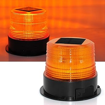 Solar LED Beacon Light 12-24V Waterproof Amber Warning Lights, with Magnetic Base, Rechargeable Rotating Strobe Lights for Vehicle Forklift Truck Tractor Golf Carts UTV Car Bus