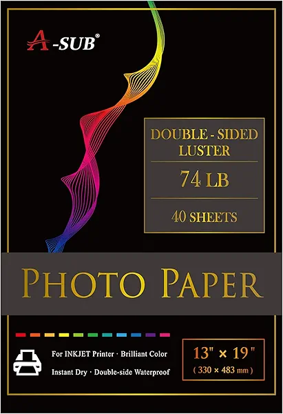 A-SUB Premium Double Sided Photo Paper Luster 13 x 19 Inch 74lb for Inkjet Printers 40 Sheets