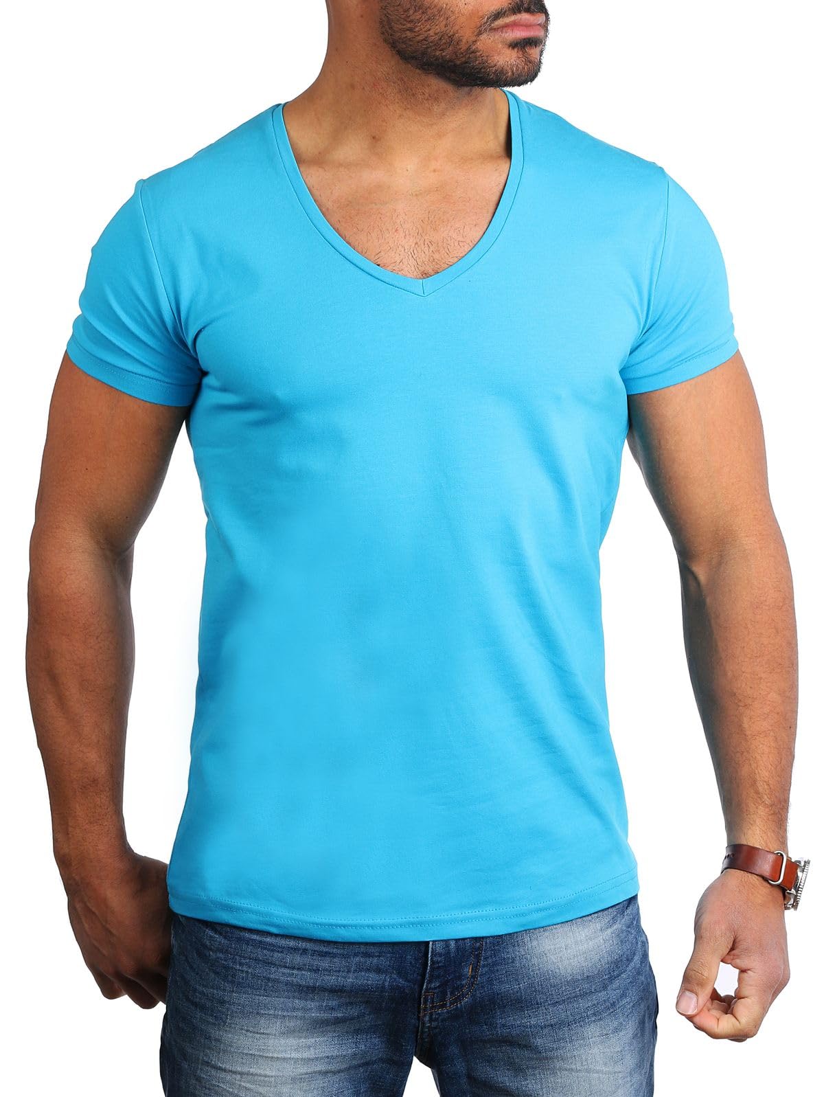 Young & Rich Herren Uni T-Shirt Basic mit extra tiefem V-Ausschnitt Slimfit deep V-Neck Stretch dehnbar 1315, Grösse:S, Farbe:Türkis