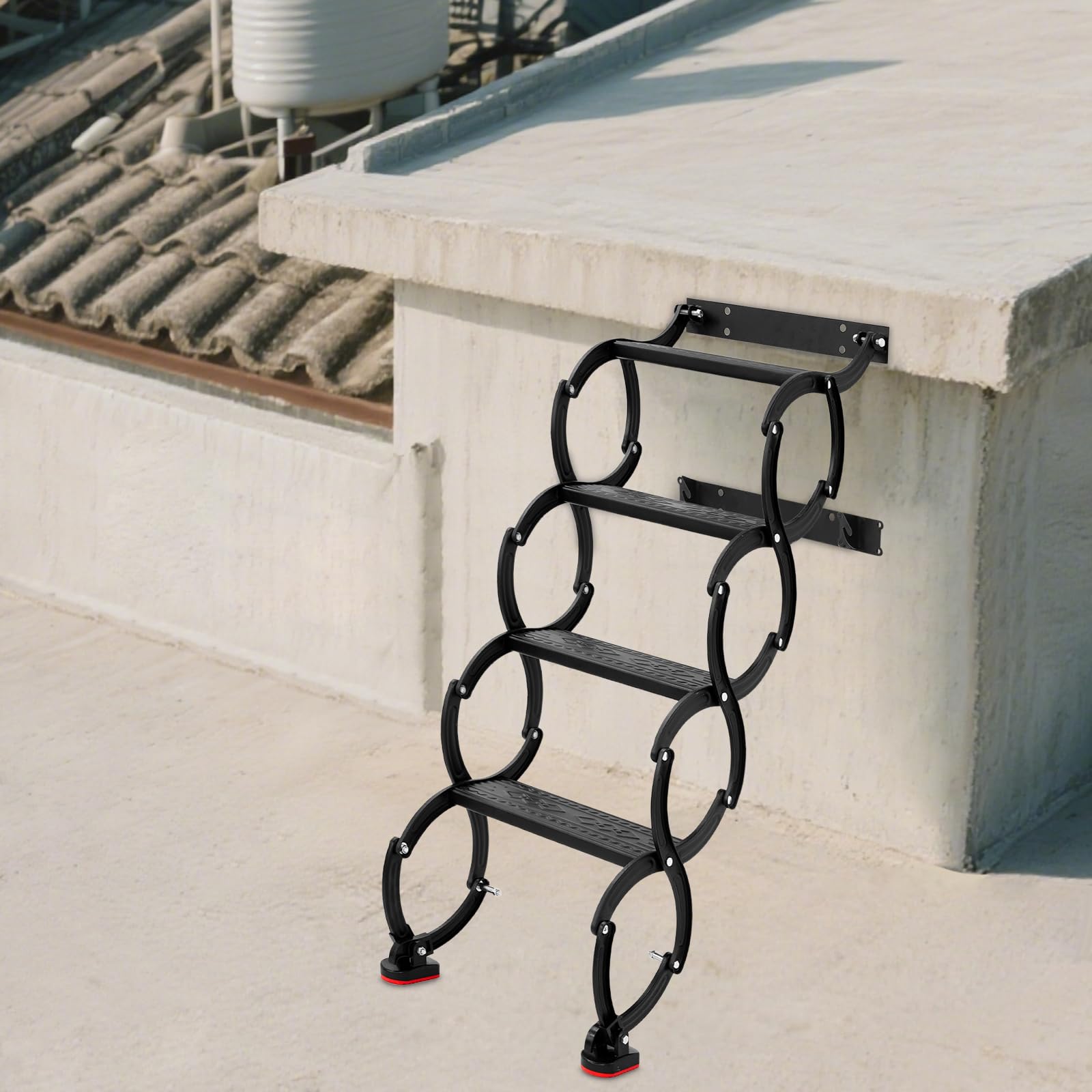 Escalera plegable extensible de 4 peldaños montada en la pared con peldaños antideslizantes, escalones telescópicos, para ático, garaje, sótano, negro, capacidad de carga 200 kg