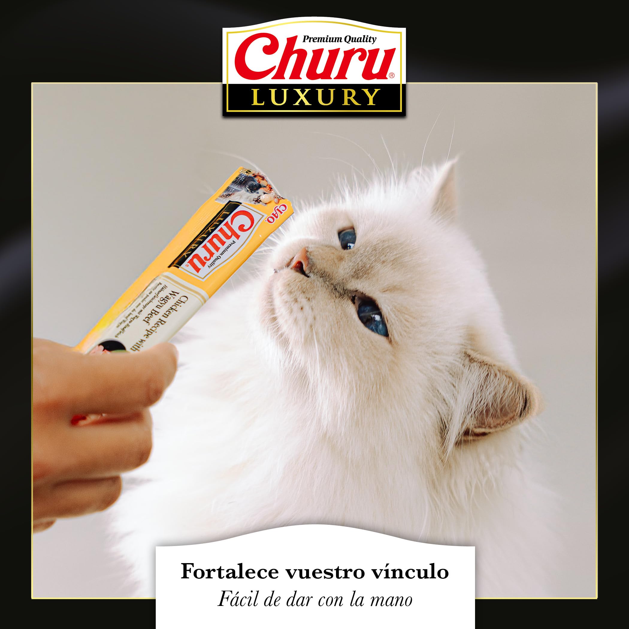 INABA Churu Luxury Gatos - Receta Saludable de Pollo y Carne de Wagyu - Deliciosos Premios con Textura Suave y Cremosa - Natural, Sin Cereales, Sin Colorantes-56g (4 Tubos x 14g)